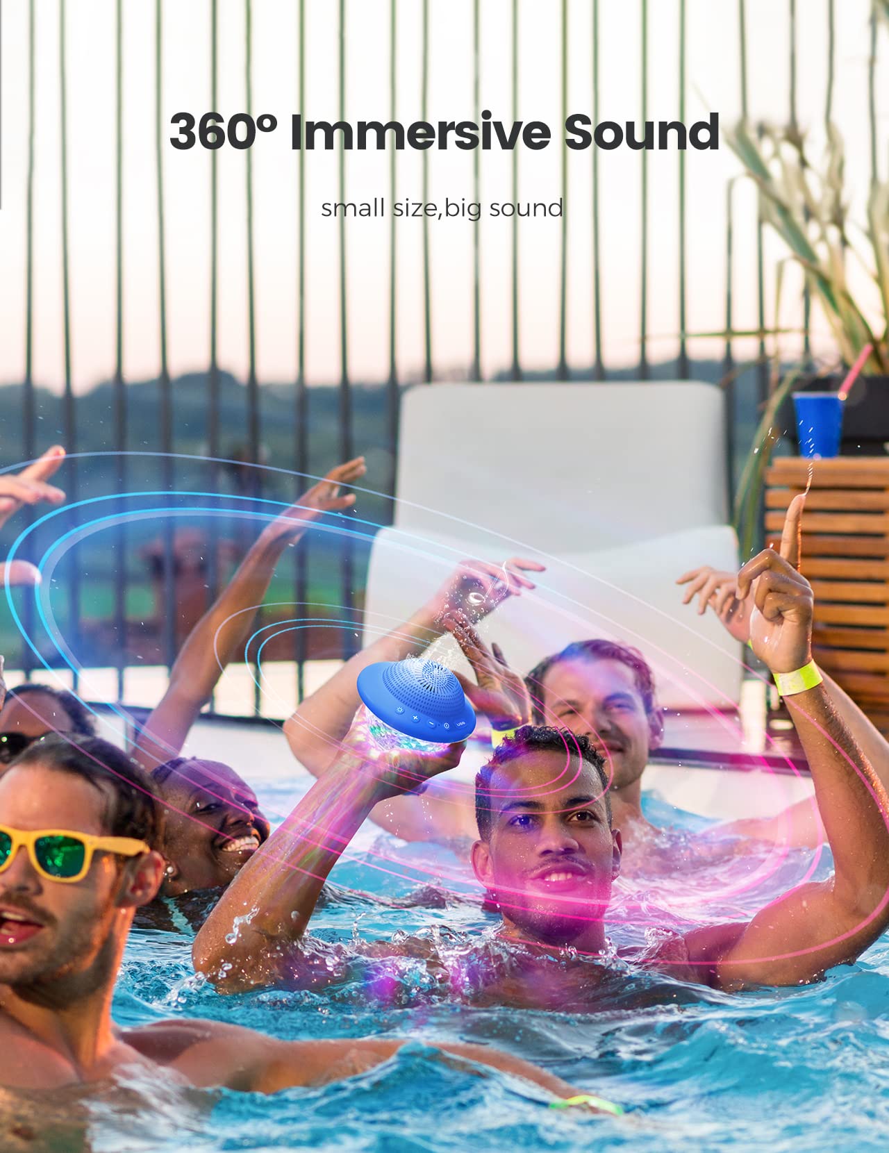 Floating Pool Speaker With Colorful Led Lights, Ipx7 Waterproof Hot Tub Bluetooth Speakers, 10W Stereo Loud Sound, Built In Mic,