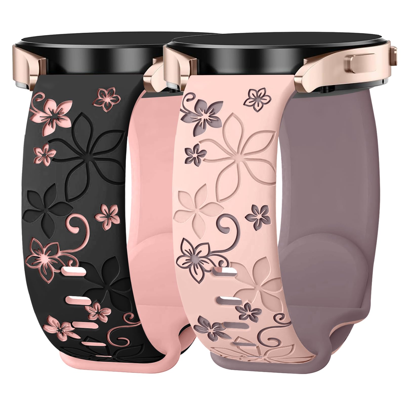 Kimiyaki 2 Pack Floral Engraved Bands for Samsung Galaxy Watch 7 6 5 4 FE 40mm 44mm/Active 2/Watch 3 41mm Women, 20mm Cute Two-T