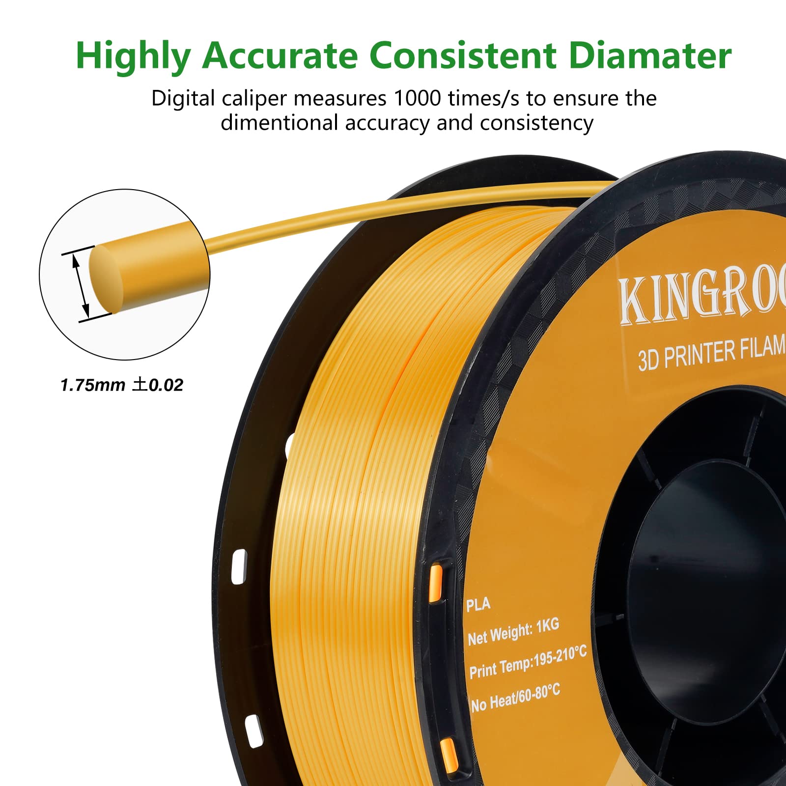 Silk Pla 3D Printer Filament, Dimensional Accuracy +/  0.03 Mm, 1 Kg Spool(2.2Lbs), Pla Shiny Filament 1.75 Mm (Gold)
