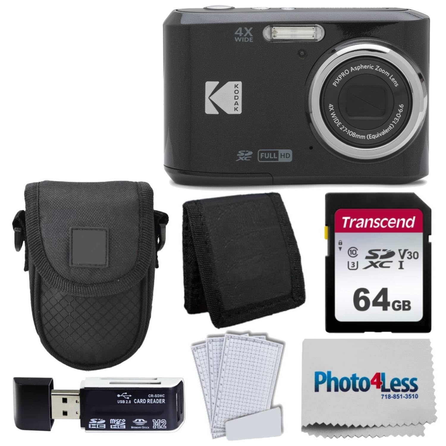 Kodak Pixpro Fz45 Digital Camera Bundle With Black Point & Shoot Camera Case + Transcend 64Gb Sd Memory Card + Tri Fold Memory Card Wallet + Hi Speed Sd Usb Card Reader + More (Black)