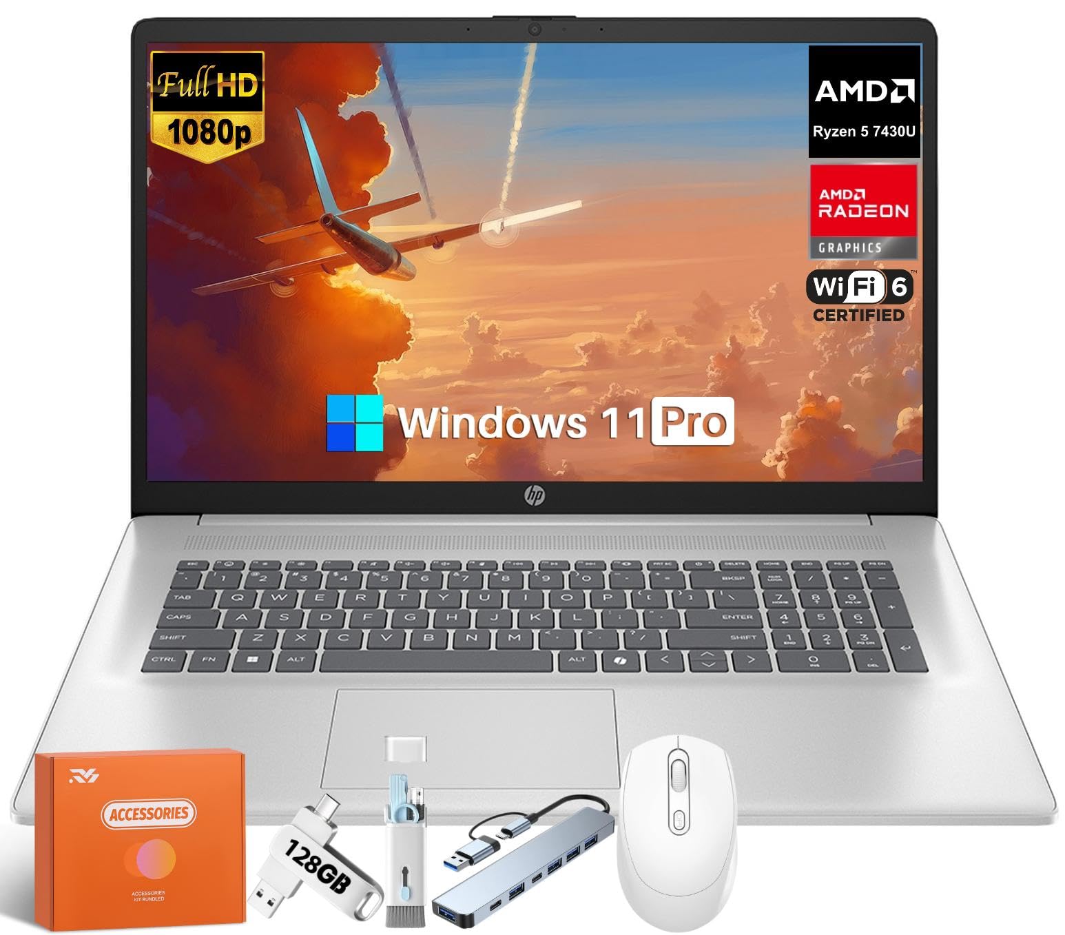 HP 17.3 FHD Laptop, AMD Ryzen 5 7430U 6-Core(Up to 4.3GHz), 64 GB RAM, 2 TB SSD, AMD Radeon Graphics, IPS Anti-Glare Display, Co