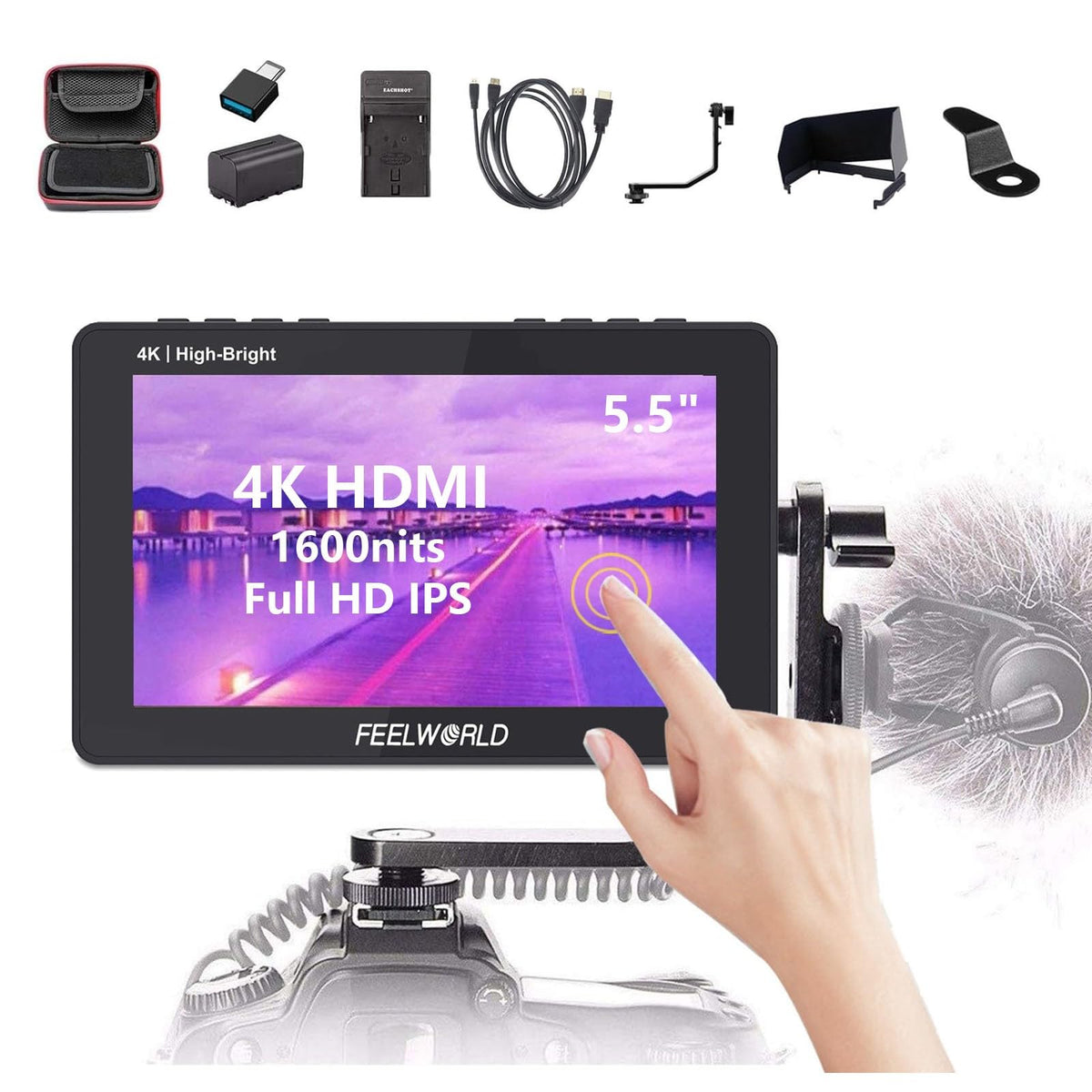 Feelworld F6 Pro +Np-F970 Battery, Charger, Storage Case Kit, 5.5 Inch 4K Hdmi Touch Screen On-Camera Monitor 1600Nits High Brig