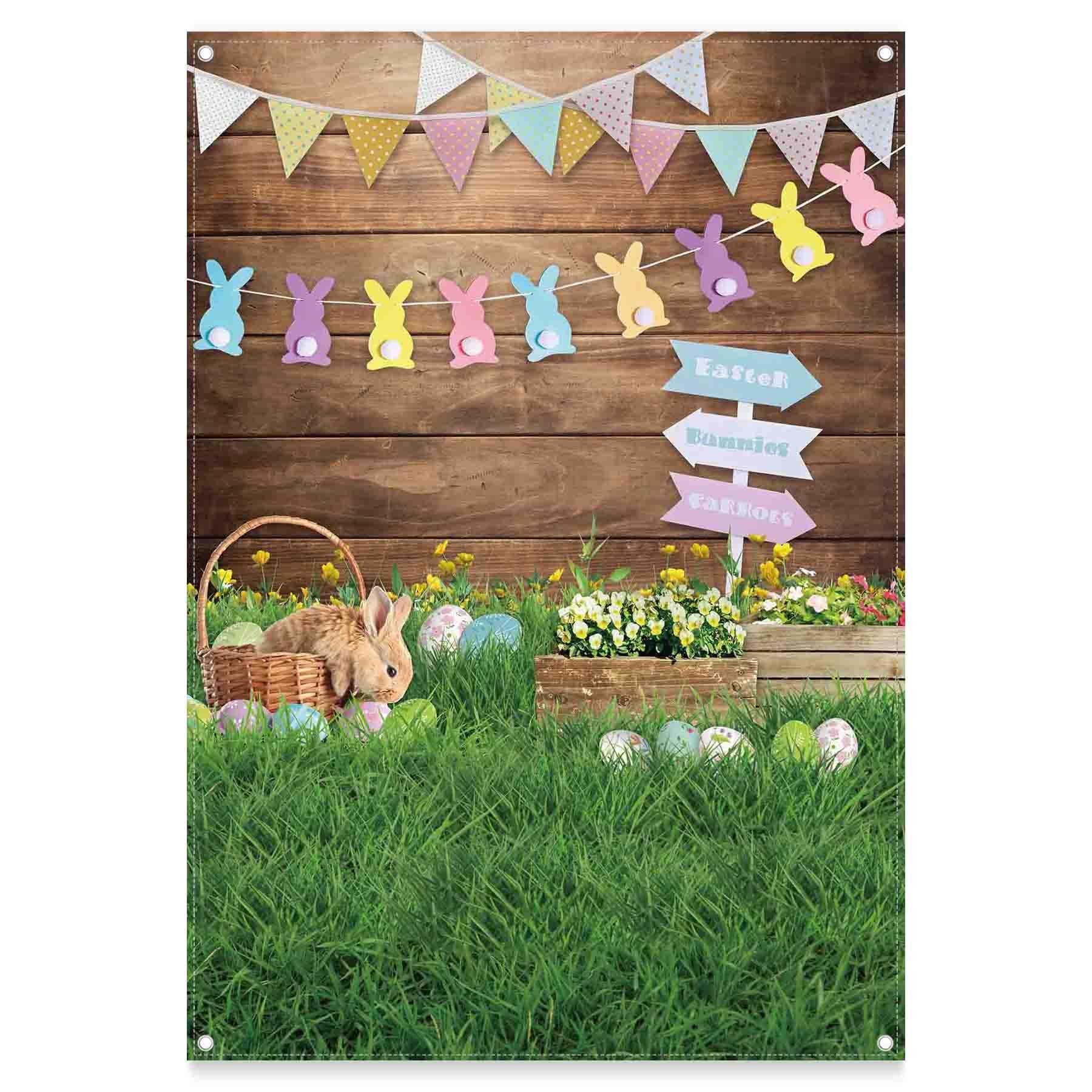 Zthmoe 5X7Ft Durable Fabric Spring Easter Photography Backdrop Rabbit Eggs Wooden Wall Flowers Grass Background Bunny Flag Portr