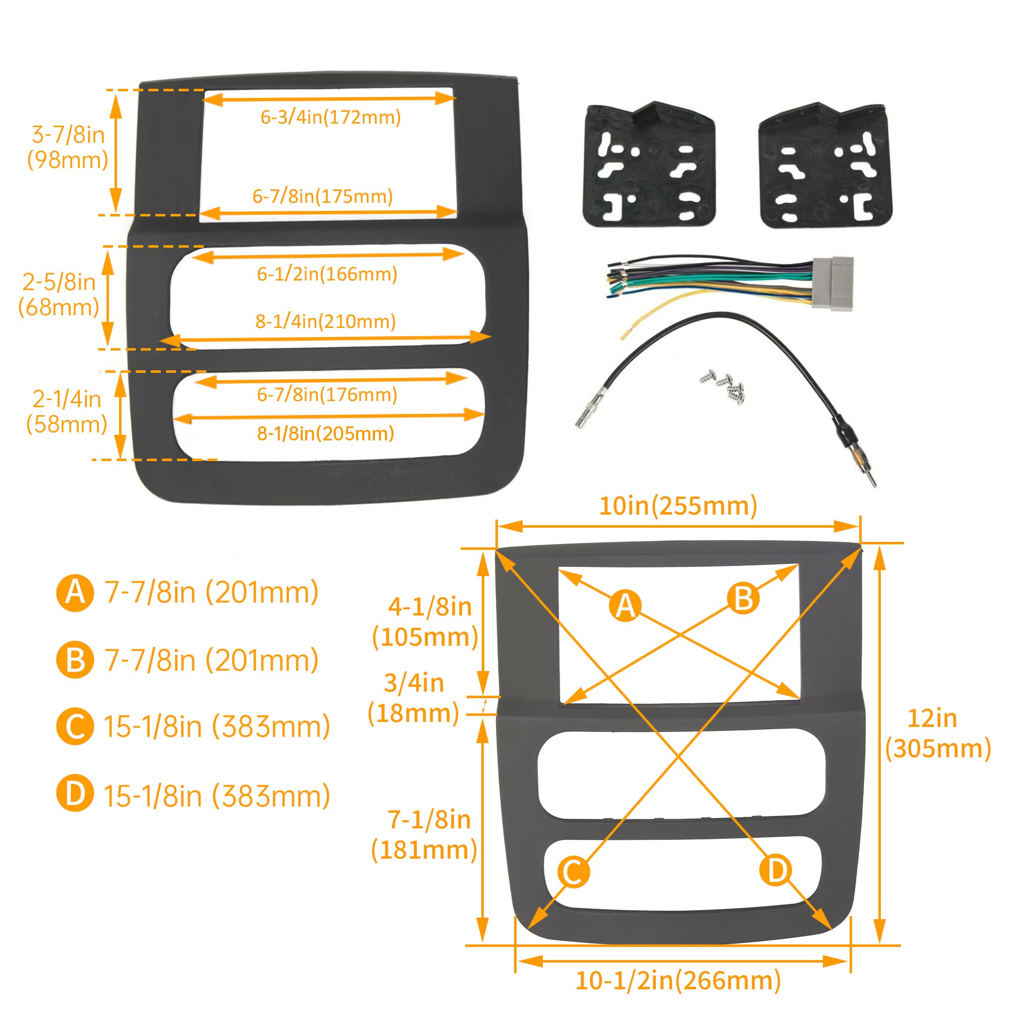 Ecotric Radio Double Din Stereo Dash Kit W/Wire Harness Antenna Adapter Compatible With 2002 2005 Dodge Ram 1500 2500 3500 Black