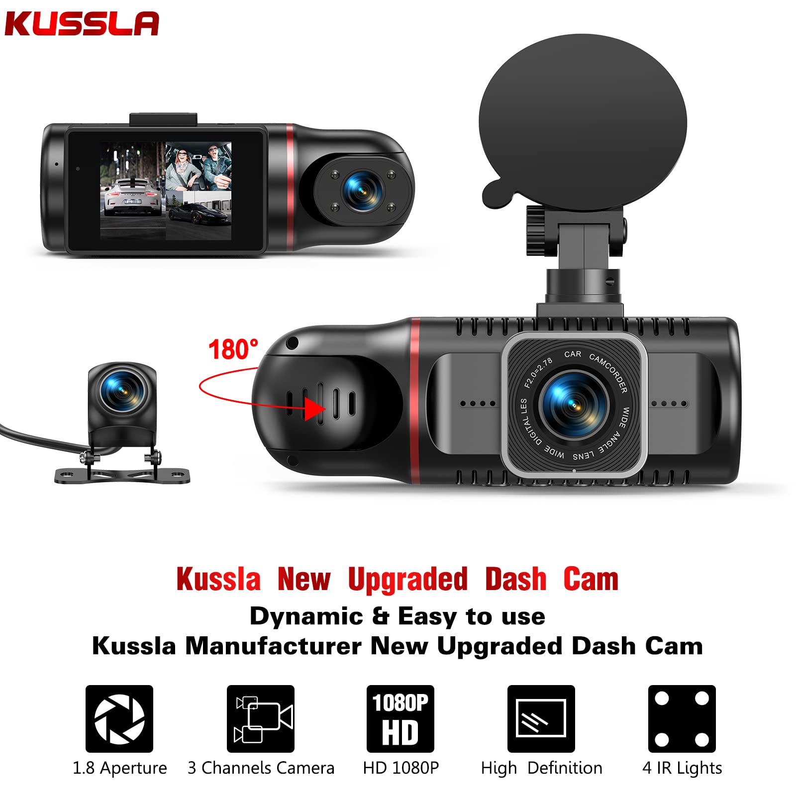 Kussla 3 Channel Dash Cam Front And Rear Inside, 1080P Dash Camera For Cars With 64Gb Card, Super Night Vision Dashcam, Car Came
