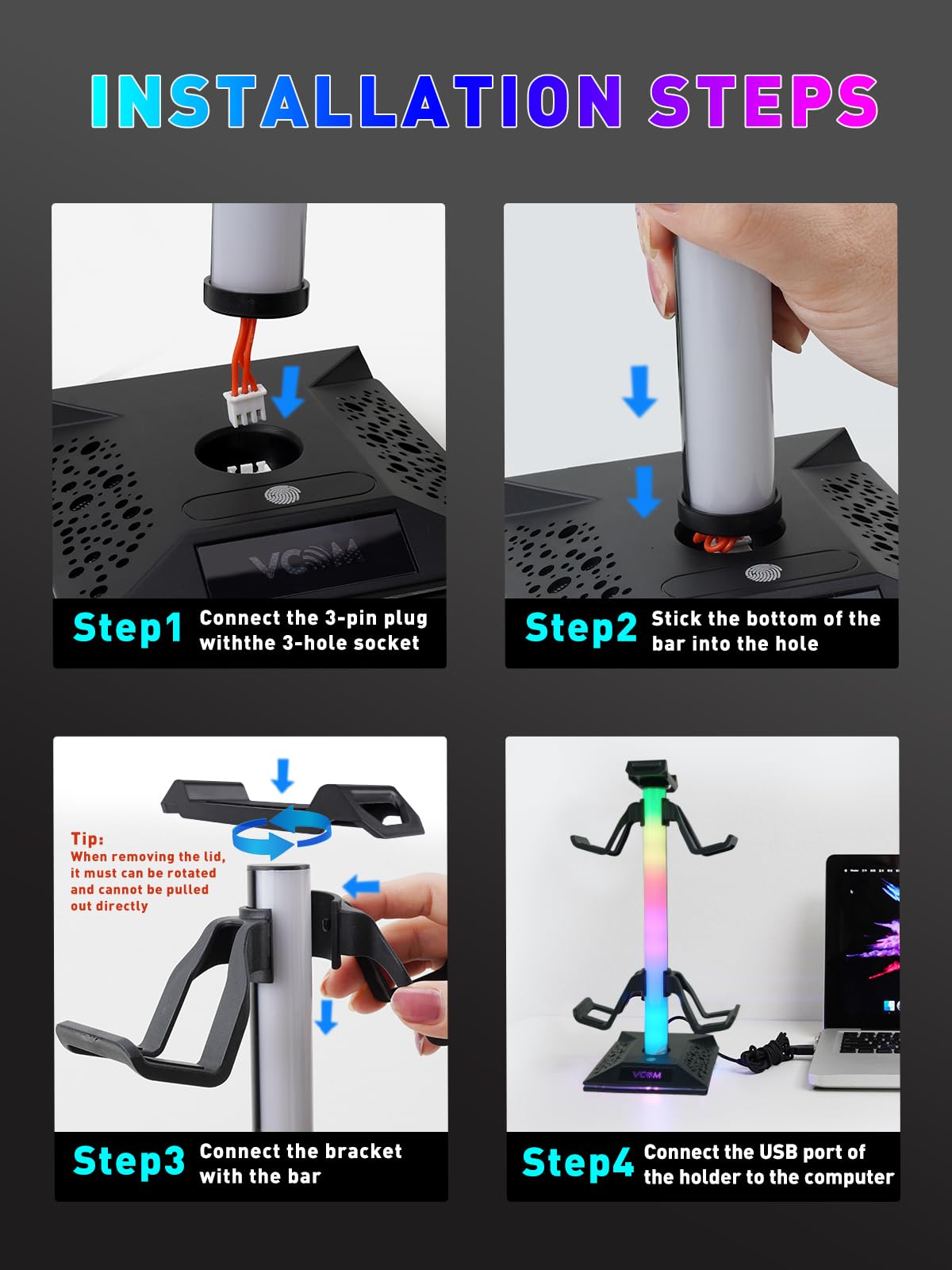 Vcom Rgb Gaming Headphones Stand With 2 Usb And 1 Type C Ports, Headset Stand With 10 Light Modes And Non Slip Rubber,Suitable F