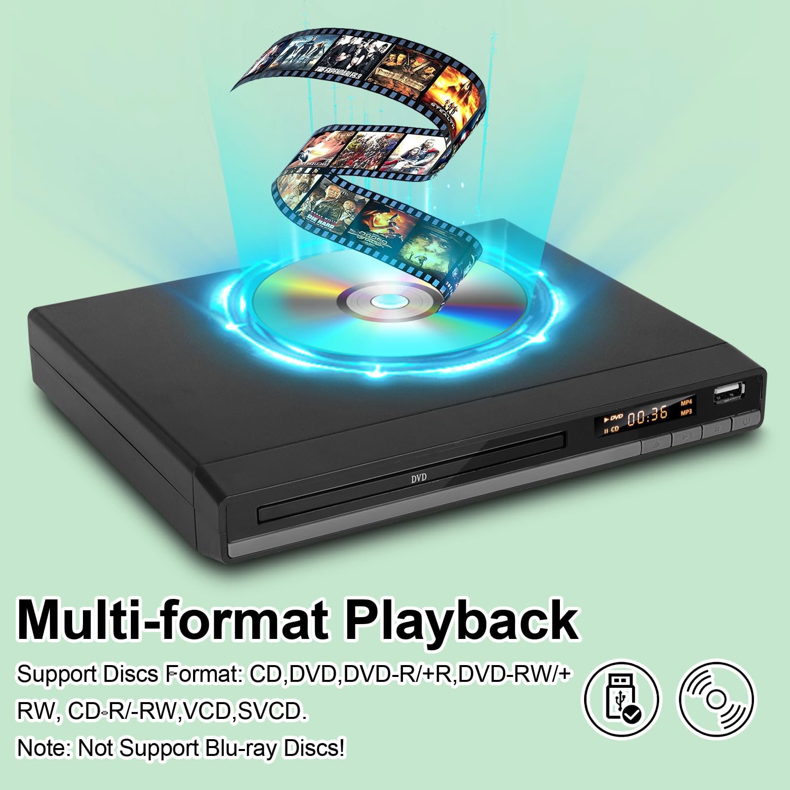 Dvd Player Hdmi Region Free Dvd Players For Tv, 1080P Upscaling, Usb Input, Hdmi Rca Cable Included, Breakpoint Memory, Built In