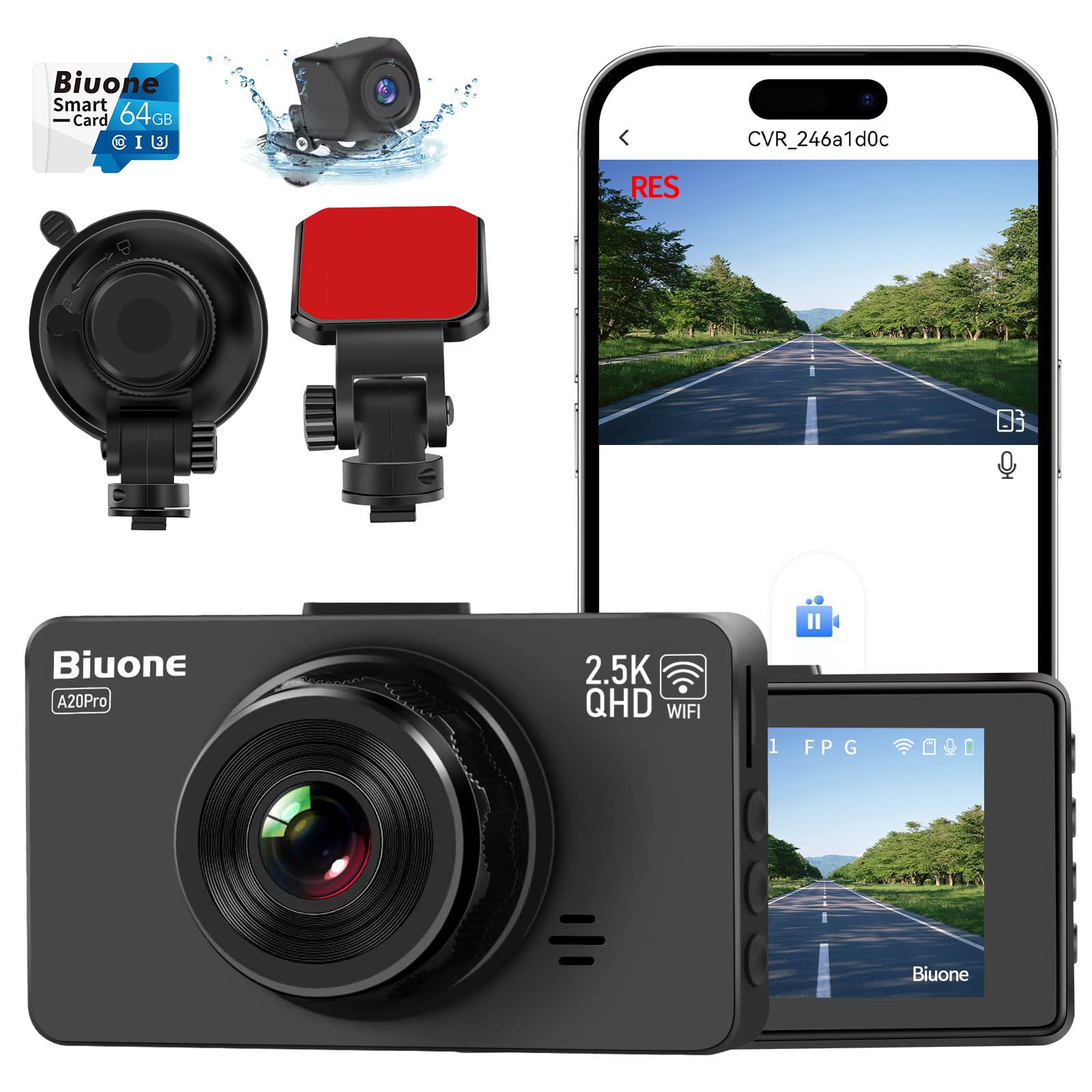 Dash Cam Front And Rear Dash Camera Wifi/App Control Car Camera Dash Cam With 64G Card 2.5K Front Dash Cam+1080P Rear Dashcams W