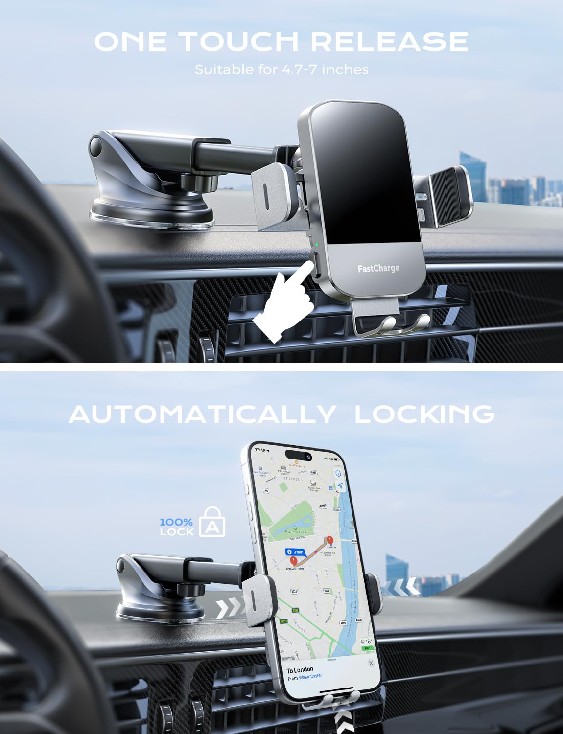 Chgeek Wireless Car Charger, 15W Fast Charging Auto Clamping Car Charger Phone Mount Phone Holder Fit For Iphone 15 14 13 12 11