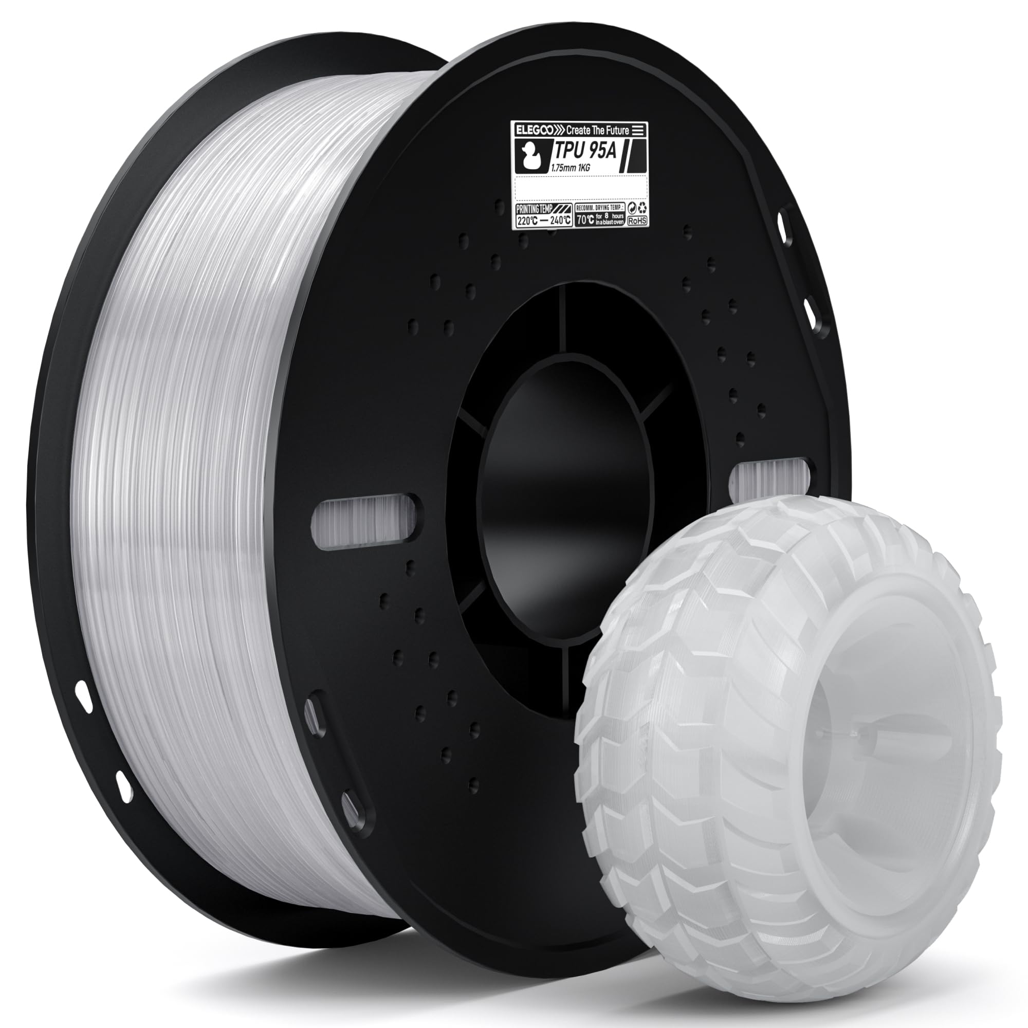 ELEGOO TPU Filament 1.75mm Translucent 1KG, 95A Flexible Soft 3D Printing 1KG Spool(2.2lbs) Fits for Most FDM 3D Printers