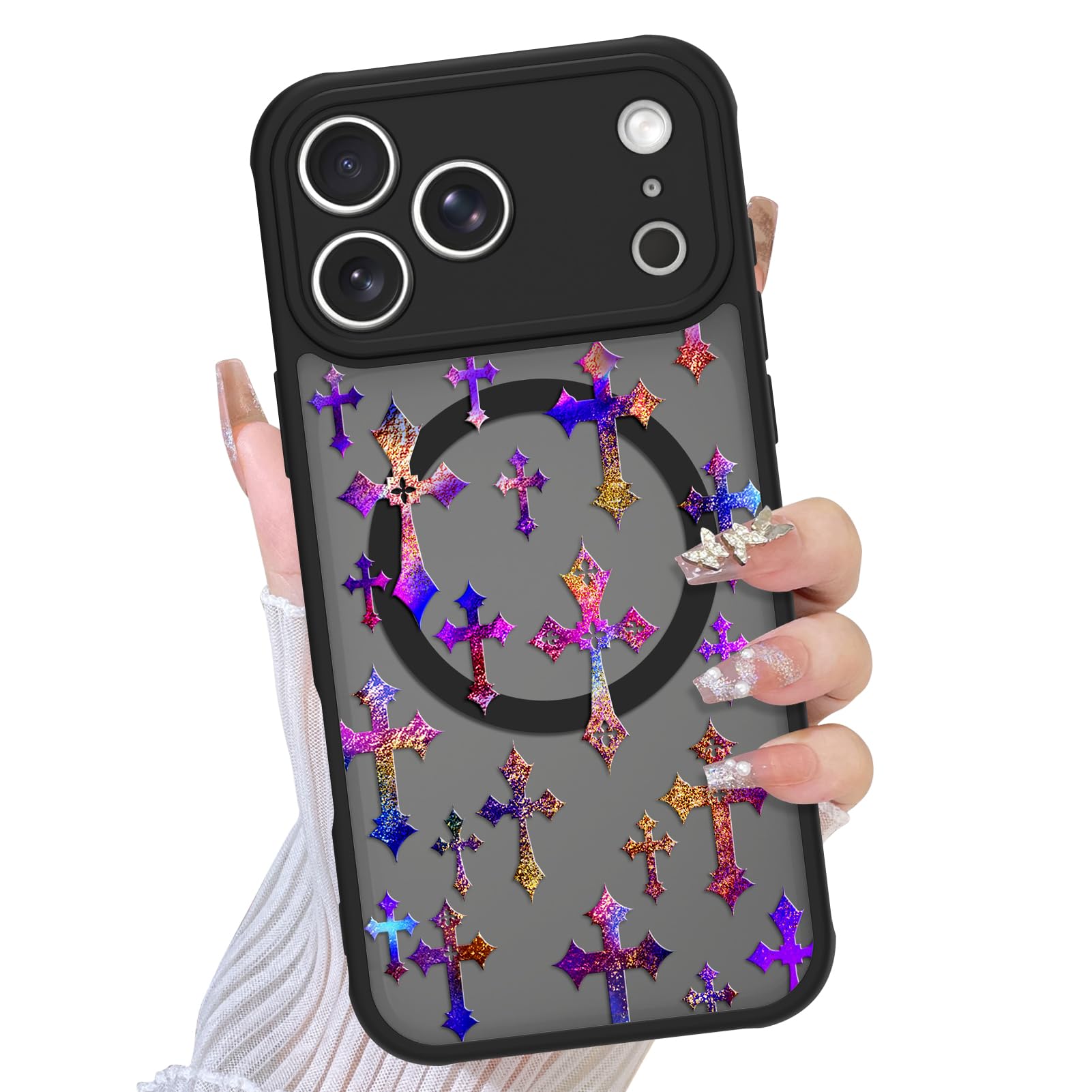 TEAUGHT Compatible with iPhone 17 Pro Max Case Support for MagSafe Cross Cute Pattern Iridescent Design Case Camera Protection S