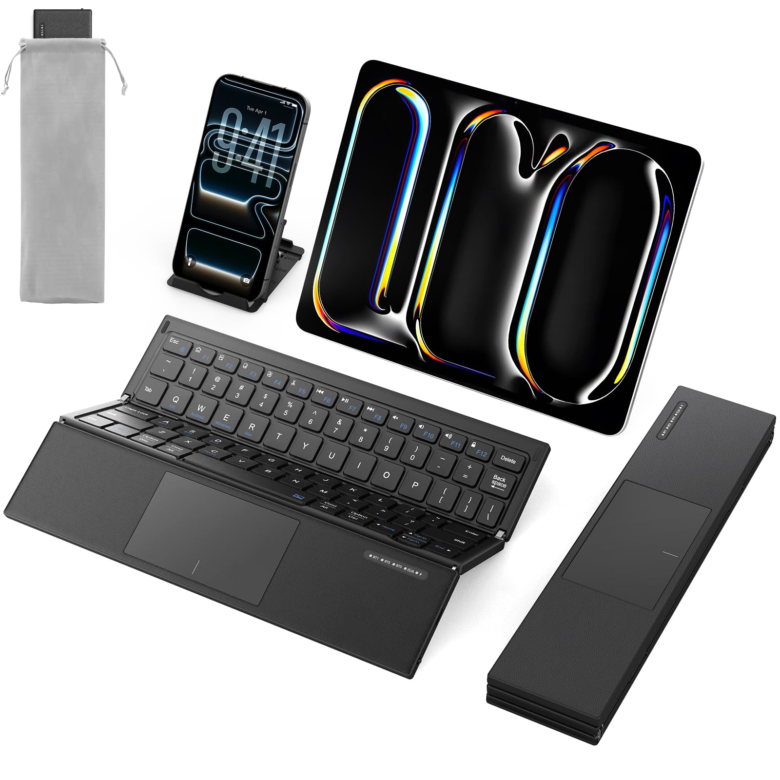 SODI Z01T Portable TriFold Bluetooth Keyboard with Touchpad, Full Size Keys, Wireless Folding Travel Keyboard, MultiDevice Rec