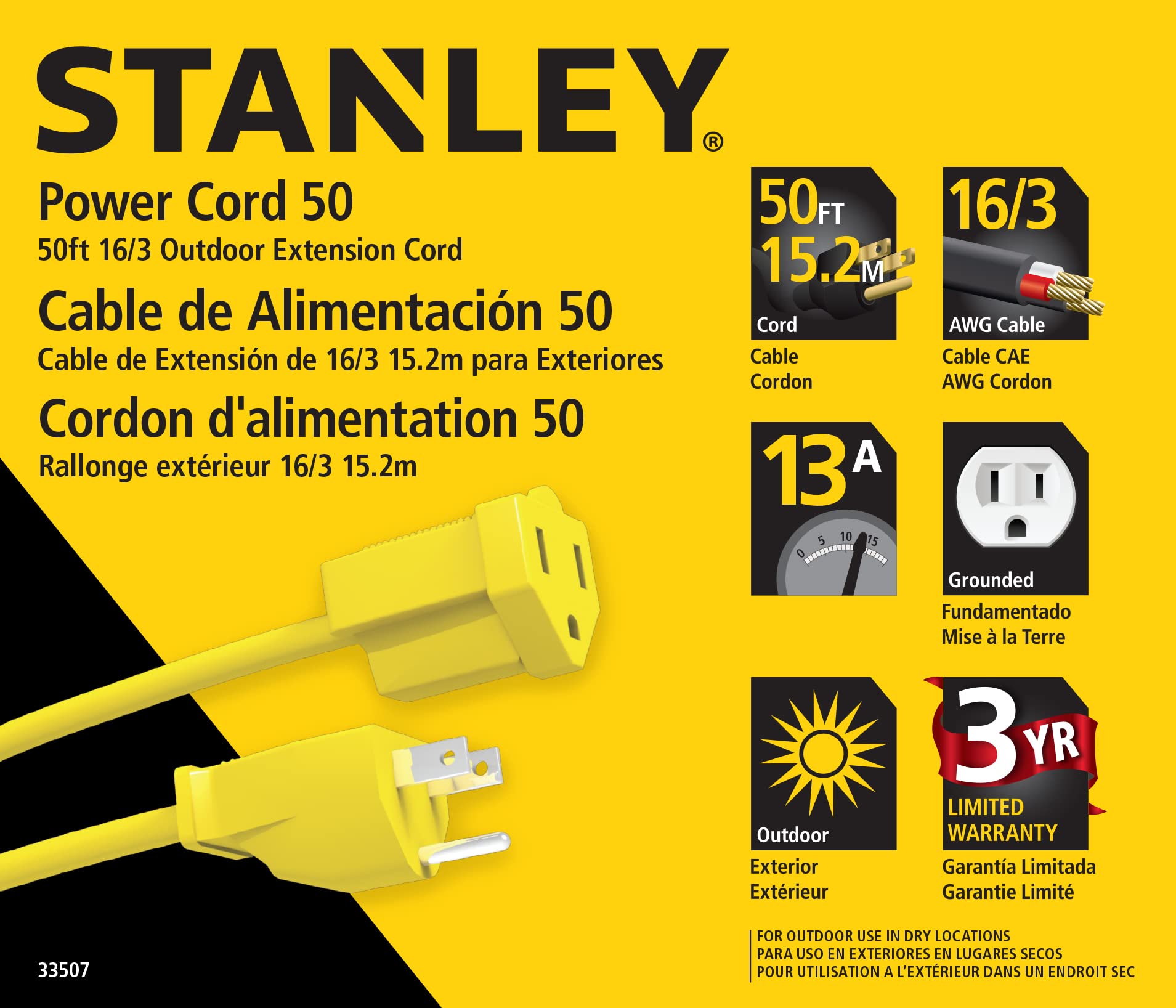 Stanley 33507 Grounded Outdoor Extension Power Cord, 50 Feet, Yellow