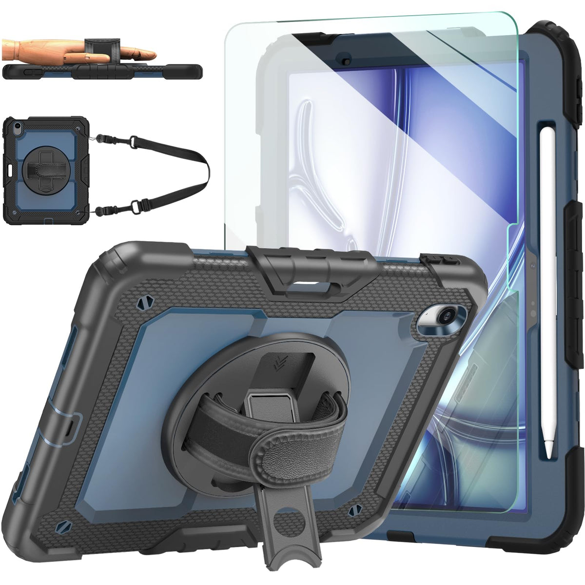 Ambison Case For Ipad Air 11'' M3/M2 2025/2024, Ipad Air 7Th/6Th Generation Case, [Kids Proof] Heavy Duty With 9H Tempered Glass Screen Protector, 360° Rotatable Kickstand/Hand Strap (Steel Blue)