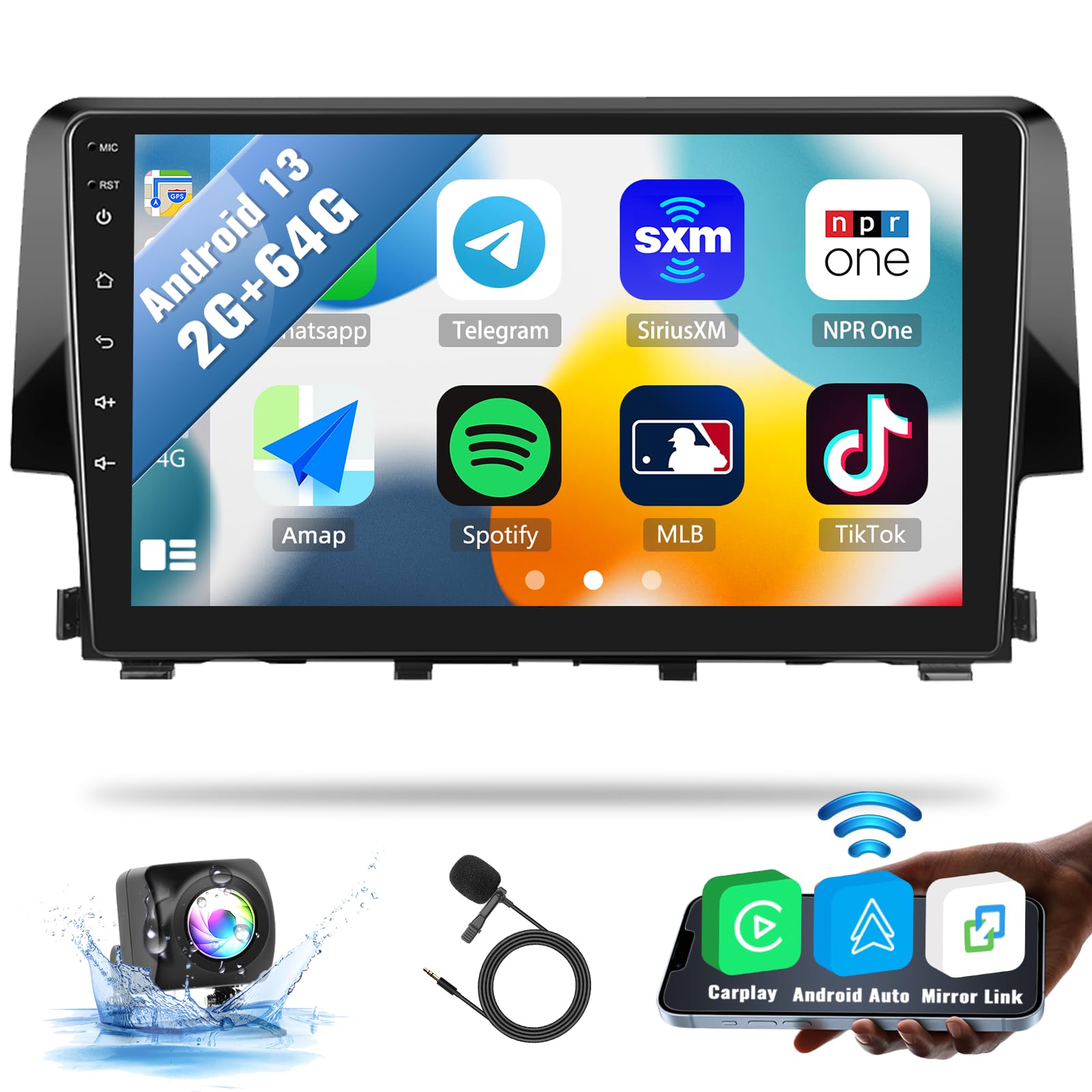 Sixwin 2G+64G Android Car Stereo For Honda Civic 2016 2020 With Wireless Apple Carplay Android Auto Mirror Link 9 Inch Touchscre