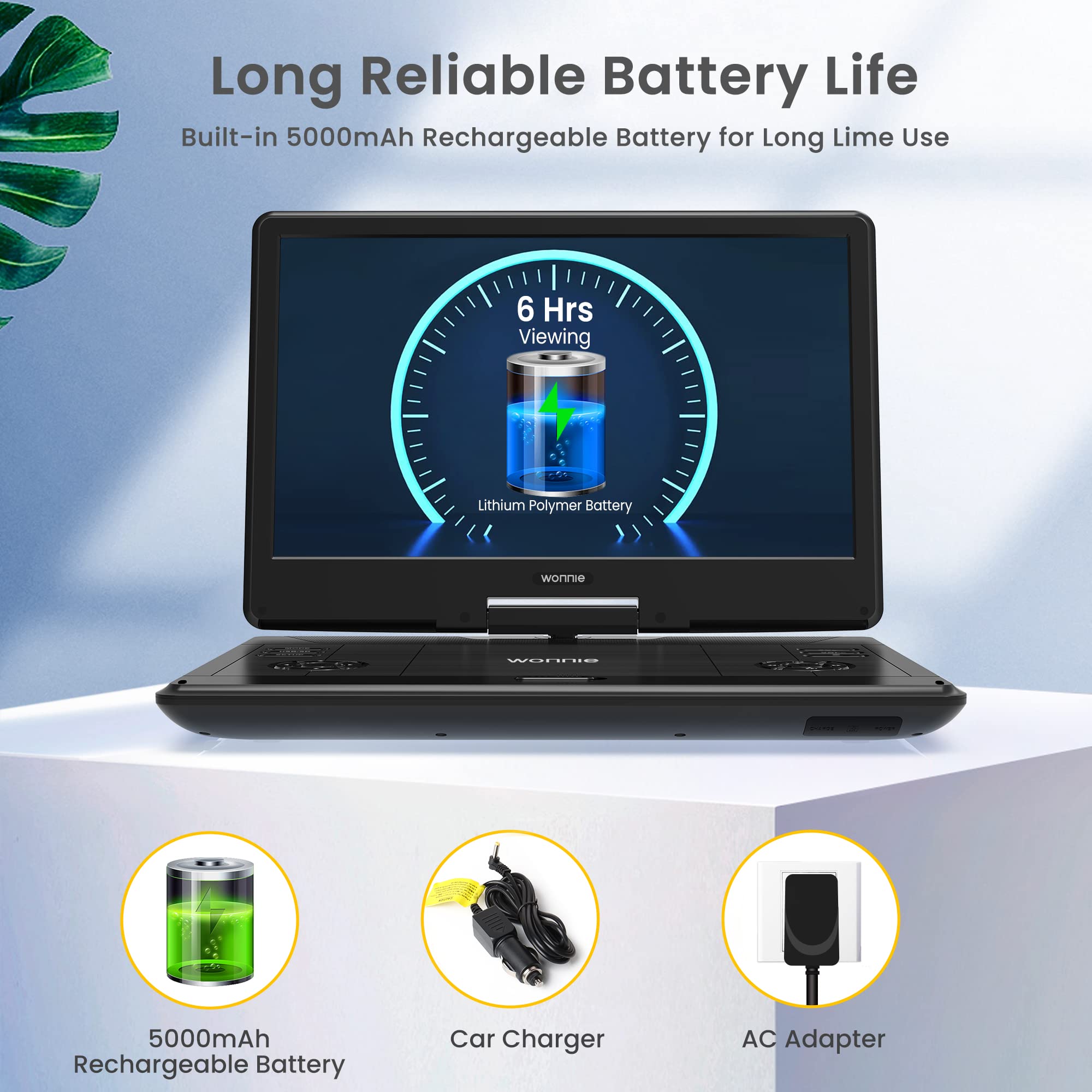 Wonnie 16.5' Portable Dvd Player With 14.1' Large Hd Swivel Screen, 6 Hours Rechargeable Battery, High Clear Volume Speaker, Support Usb/Sd Card/Sync Tv, Last Memory And Multiple Disc Formats