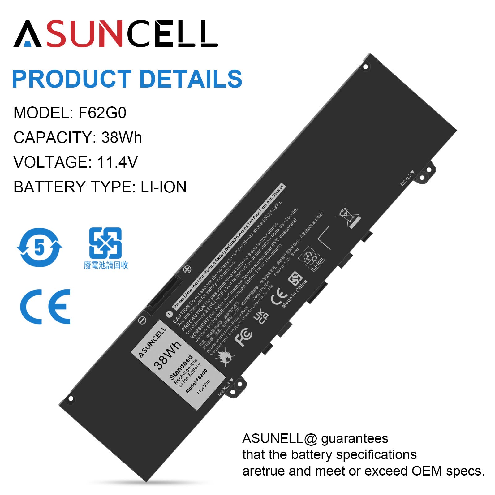 Asuncell 38Wh F62G0 Battery For Dell Inspiron 13 7000 7373 7386 2 In 1 Series Vostro 13 5000 5370 13 5370 P83G P87G P91G Series