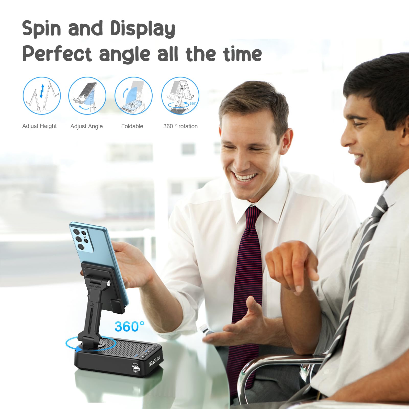 Techglow Gifts For Men Women Foldable Cellphone Stand With Bluetooth Speaker Power Bank 360 Rotatable Phone Stand Birthday Gift