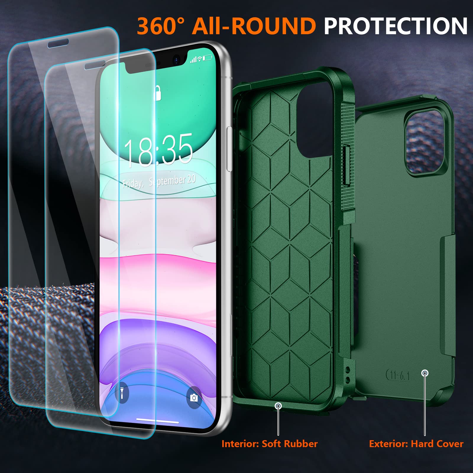 Spidercase Shockproof For Iphone 11 Case,[10 Ft Military Grade Drop Protection],With 2 Pcs[Tempered Glass Screen Protector+Camer