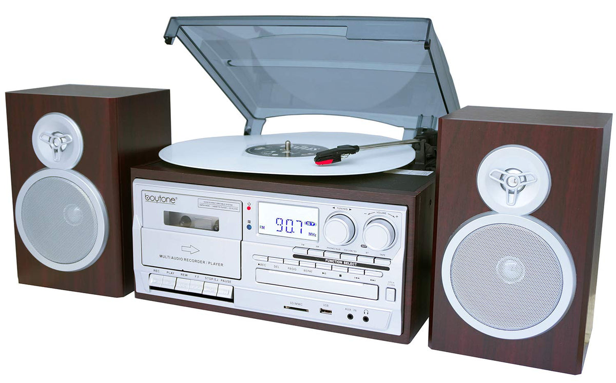 Boytone Bt 28Sps Bluetooth Classic Style Record Player Turntable With Am/Fm Radio, Cassette Player, Cd Player, 2 Separate Stereo Speakers, Record Vinyl, Radio, Cassette To Mp3 Sd Slot Usb, Aux Silver
