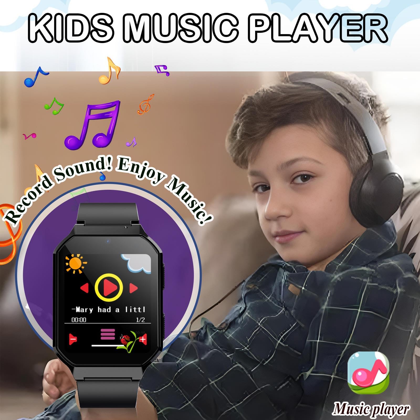 Derui Smart Watch For Kids 3 12 Years Boys Girls, 26 Puzzle Games, Smartwatch With Camera, Pedometer, Stopwatch, Video Voice Music Player Calendar Alarm Clock Learn Card For Children Gifts (Black)