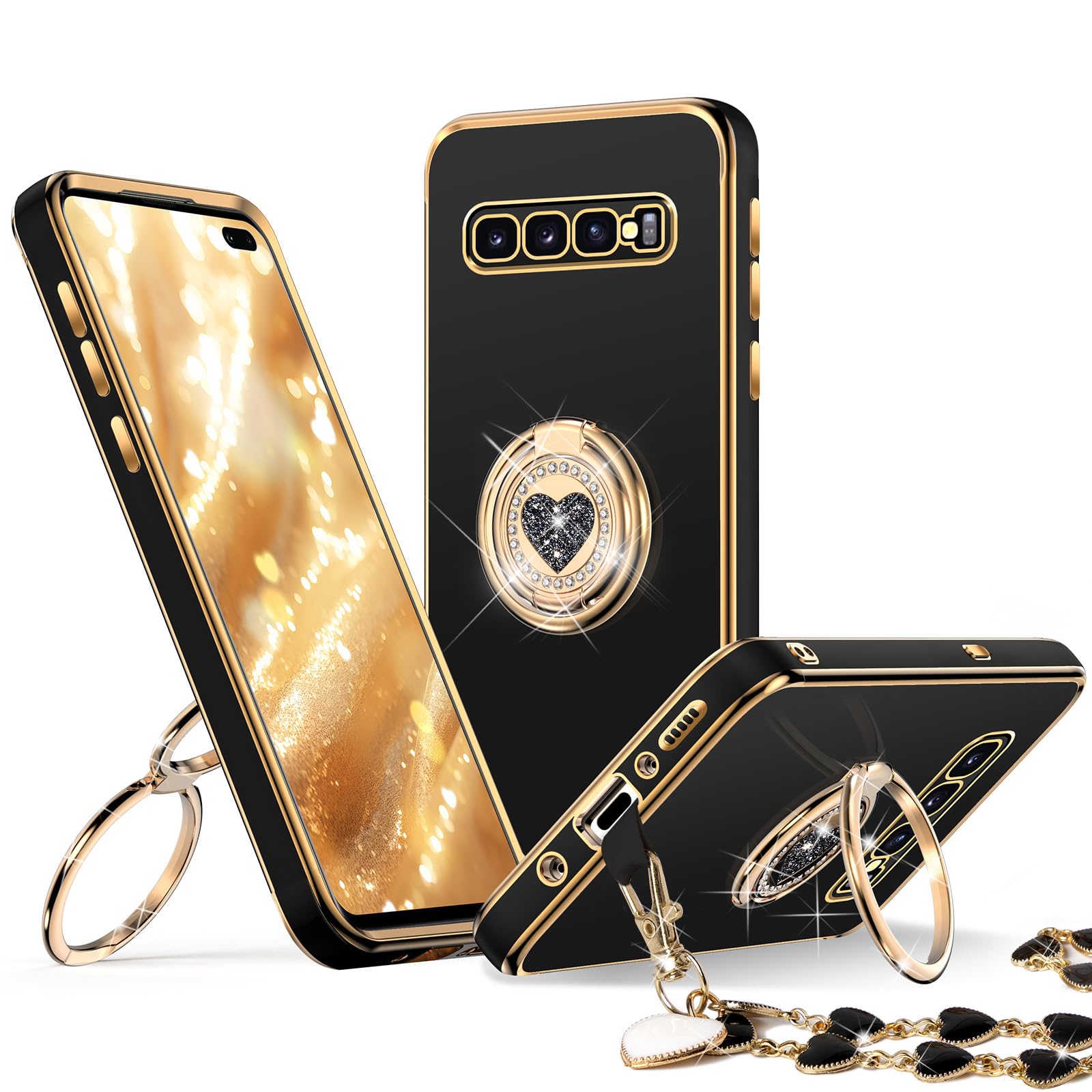 Xyz For Galaxy S10 Plus Case With Stand, For Samsung Galaxy S10 Plus Case With Double Ring,Women Girls Cute Love Heart Luxury Bl