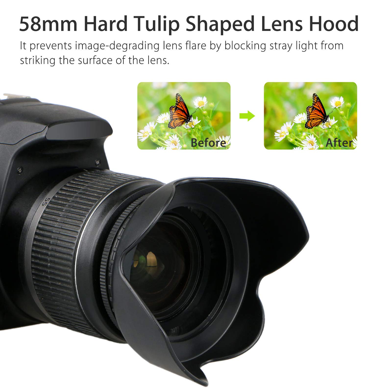 EEEKit 58mm Tulip Flower Lens Hood & UV Filter Kit for Canon EOS DSLR Cameras Black