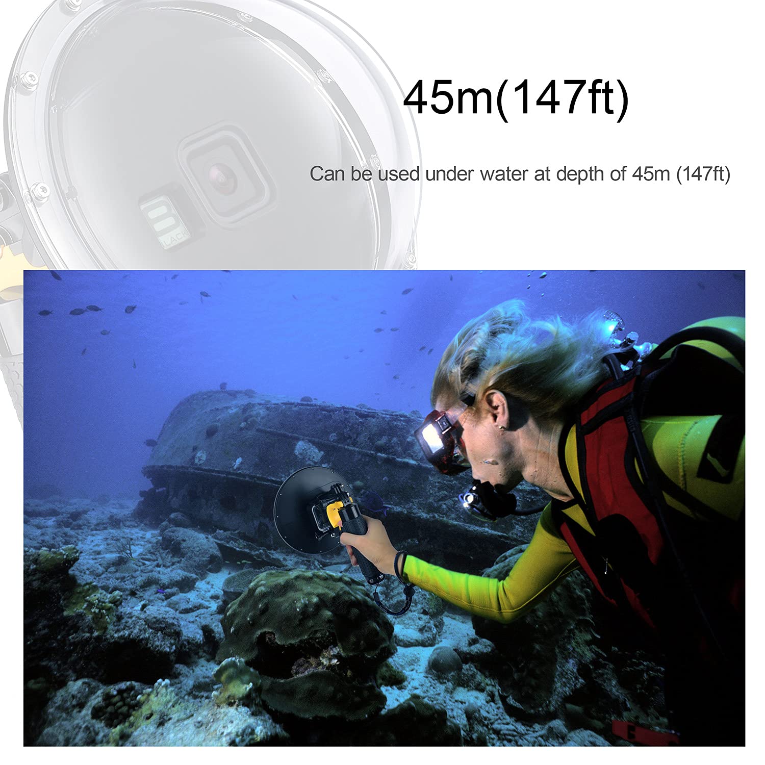 Yallsame Dome For Gopro 8 Waterproof Dome Housing Case With Front Screen Window, Floating Hand Grip, Trigger Underwater Diving S