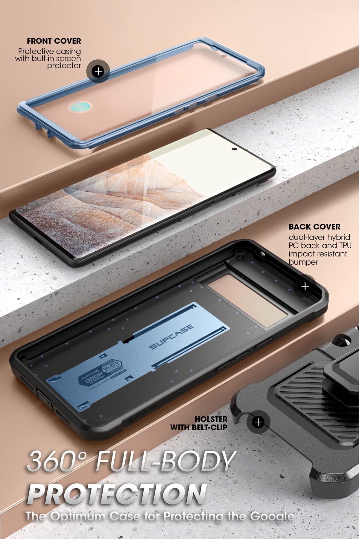 Supcase Unicorn Beetle Pro Rugged Holster Case For Google Pixel 6 Pro (2021), Metallic Blue