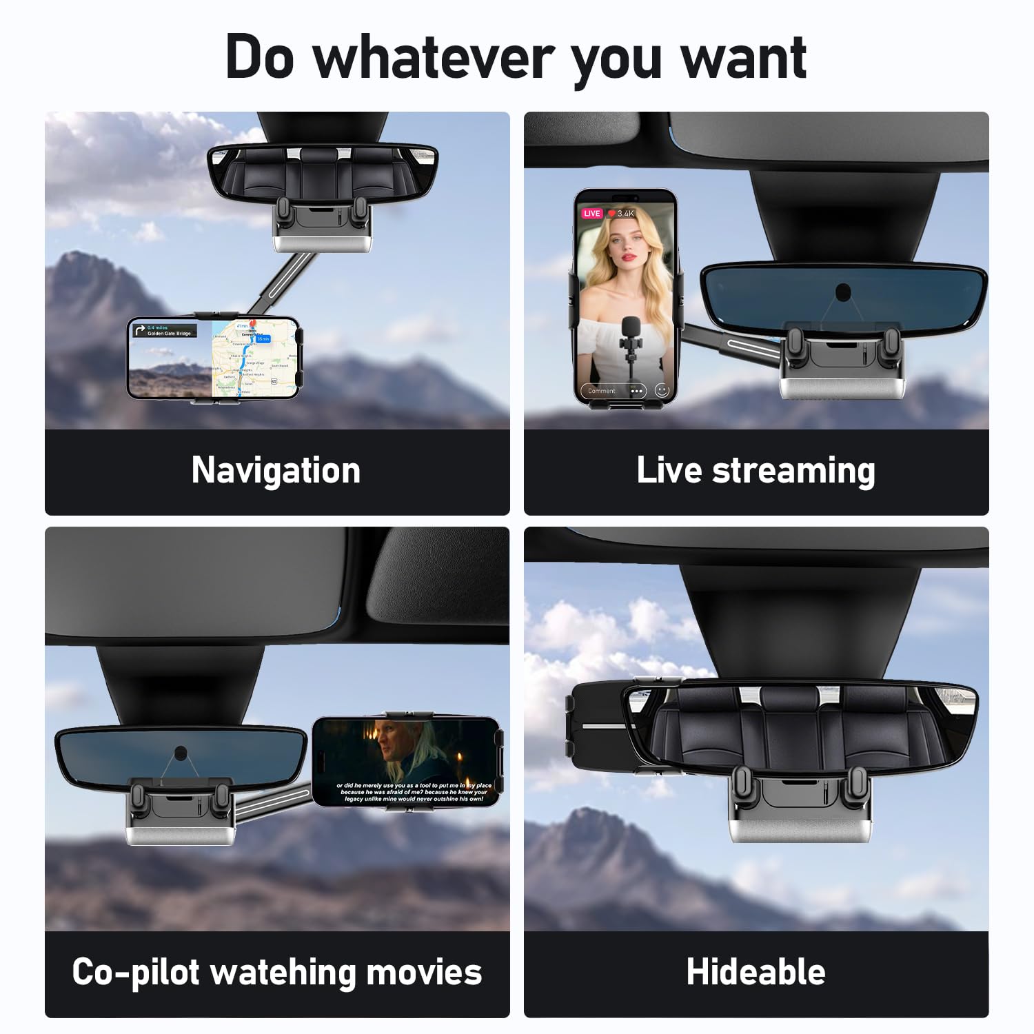 Ksyer Rear View Mirror Phone Holder,Rotatable And Retractable Phone Holders For Your Car, 360 Rotating Adjustable Cell Phone Mou