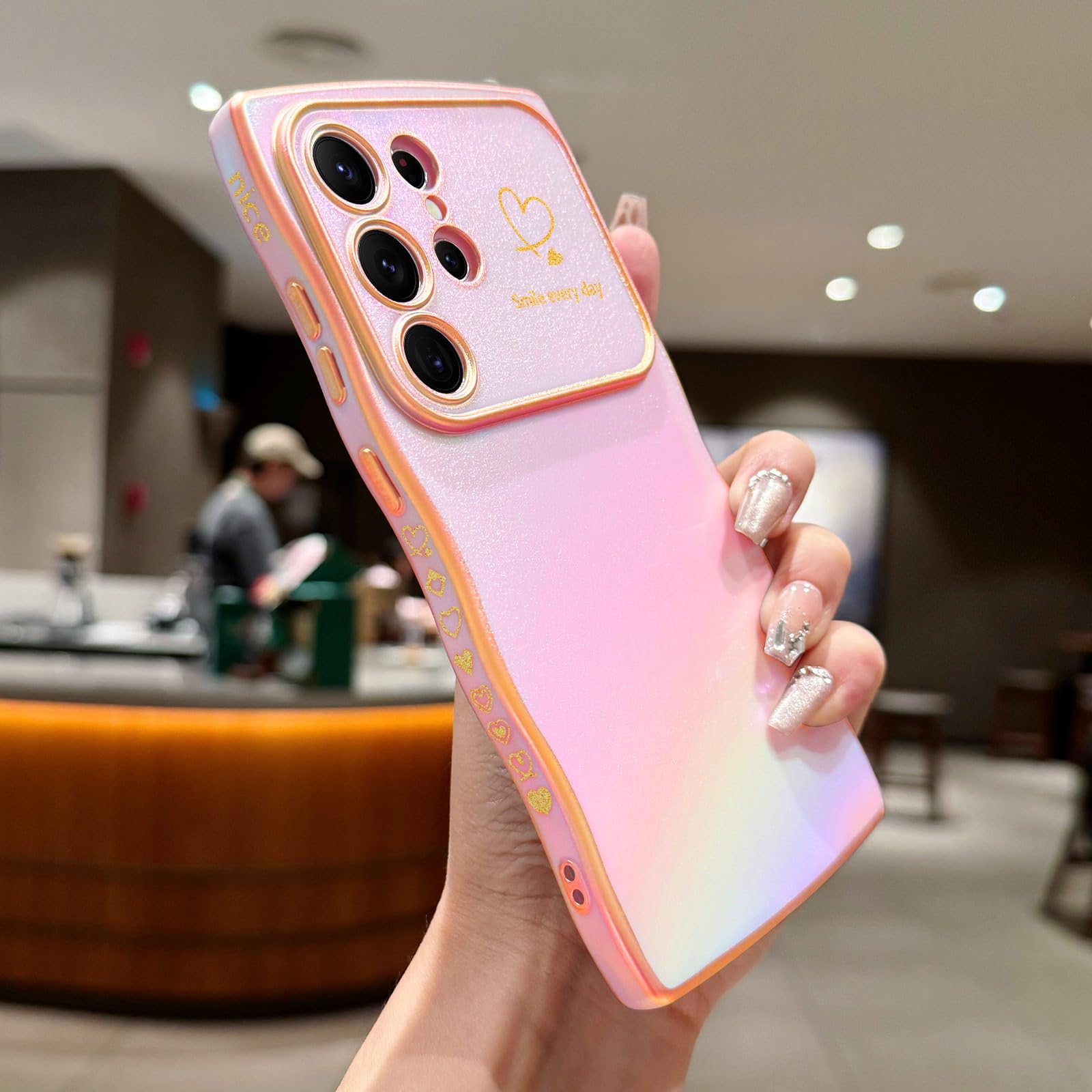 Lchulle For Samsung Galaxy S24 Ultra Case For Women Girls, Cute Wave Frame Curly Shape With Love Heart Camera Protection Luxury