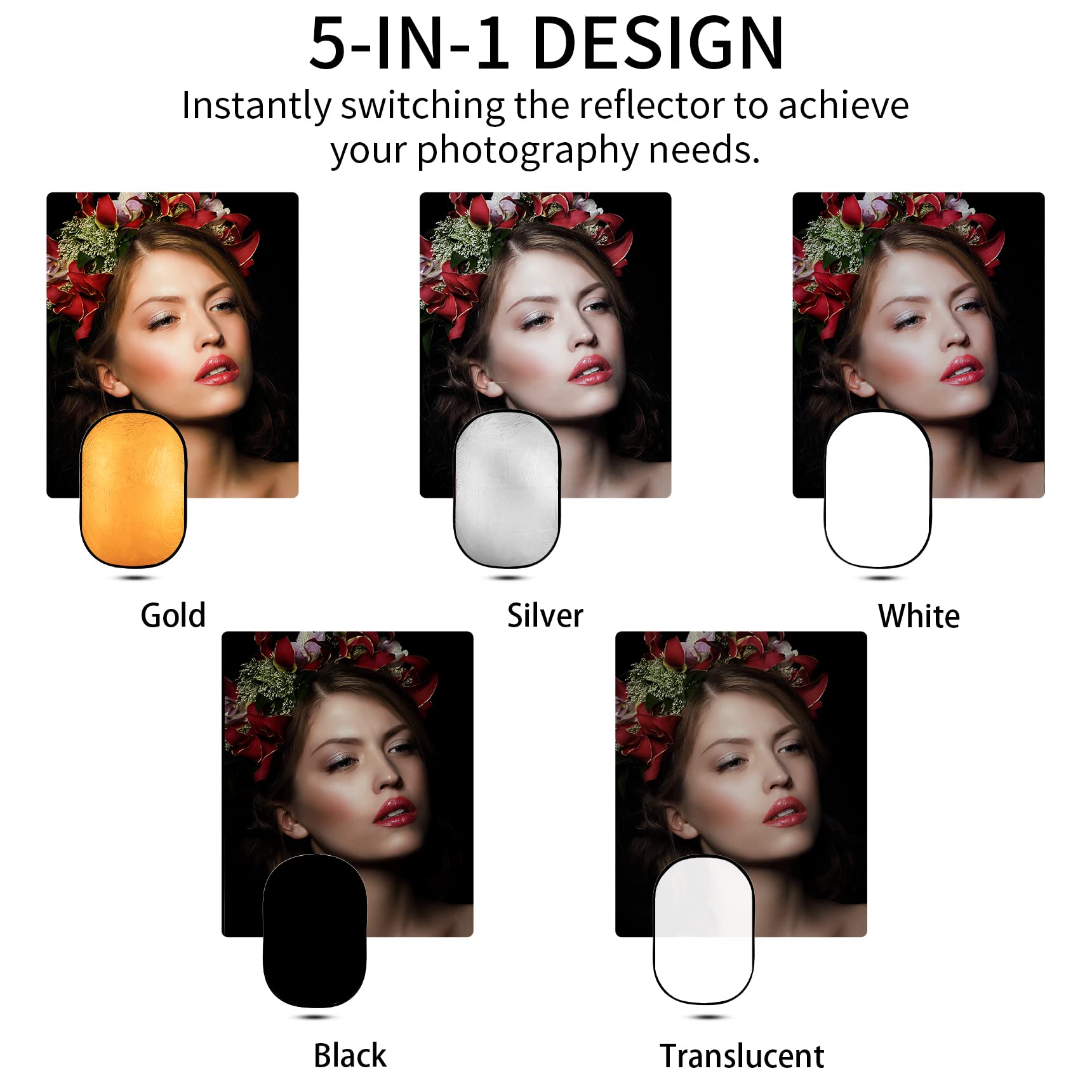 Selens 40''X 60''/100 X 150Cm Photo Light Reflector Photography Kit 5 In 1 Gold/Silver/White/Black/Diffuser With Holder Clip & C