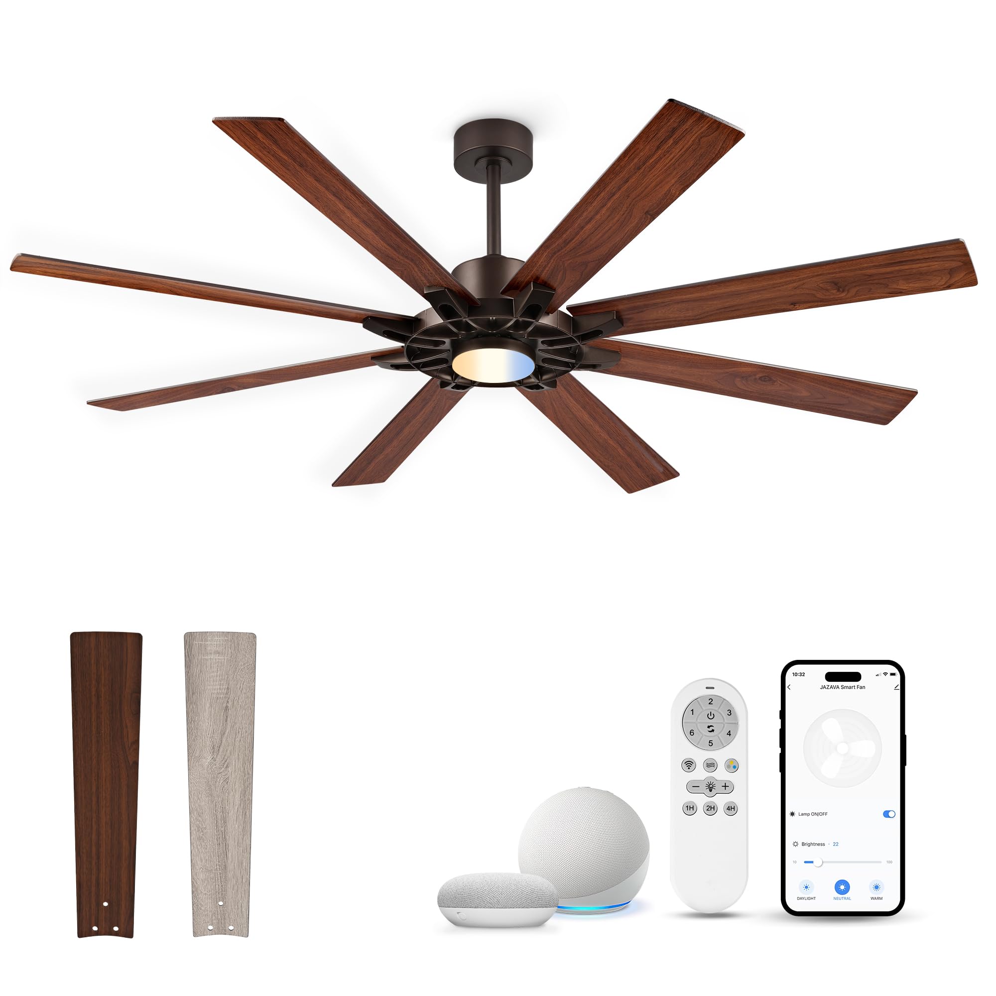 JAZAVA 72 Inch Ceiling Fan with Light,Smart Ceiling Fan with Alexa Control,Large Oil Rubbed Bronze Indoor Outdoor Ceiling Fan,Mo
