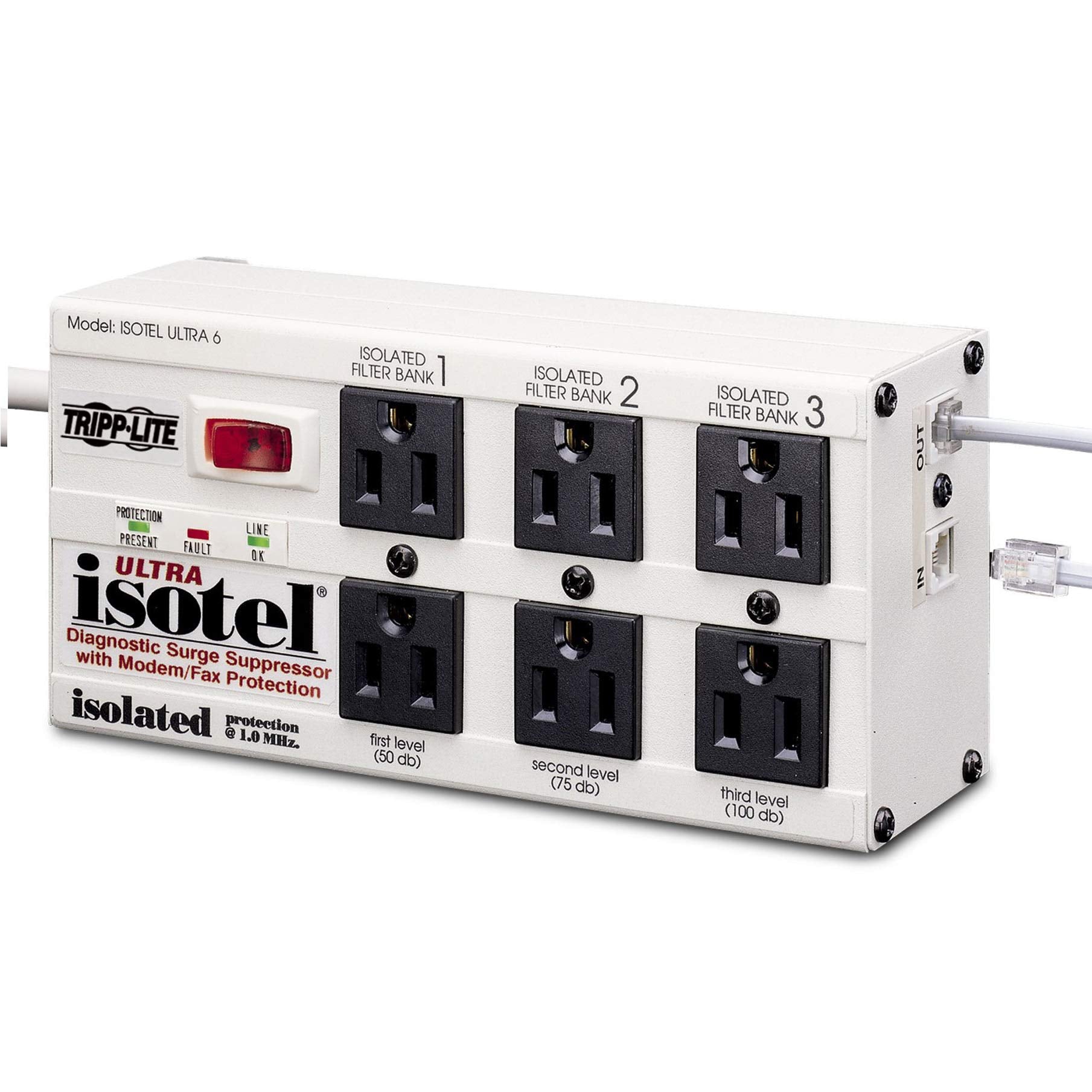Tripp Lite Isobar 6 Outlet Surge Protector, 6Ft. Cord, Right Angle Plug, Tel/Fax/Modem, Metal (Isotel6 Ultra)