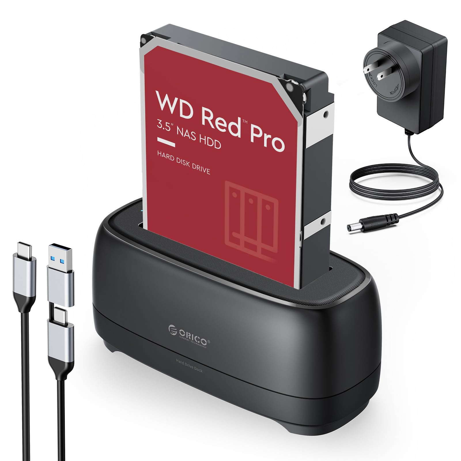 ORICO Hard Drive Docking Station USB 3.2 Gen 1 to SATA Hard Drive Enclosure 1 Bay for 2.5&3.5 Inch SSD HDD Up to 20 TB with 12V Power Supply, Tool Free and UASP Supported (DD18C3)