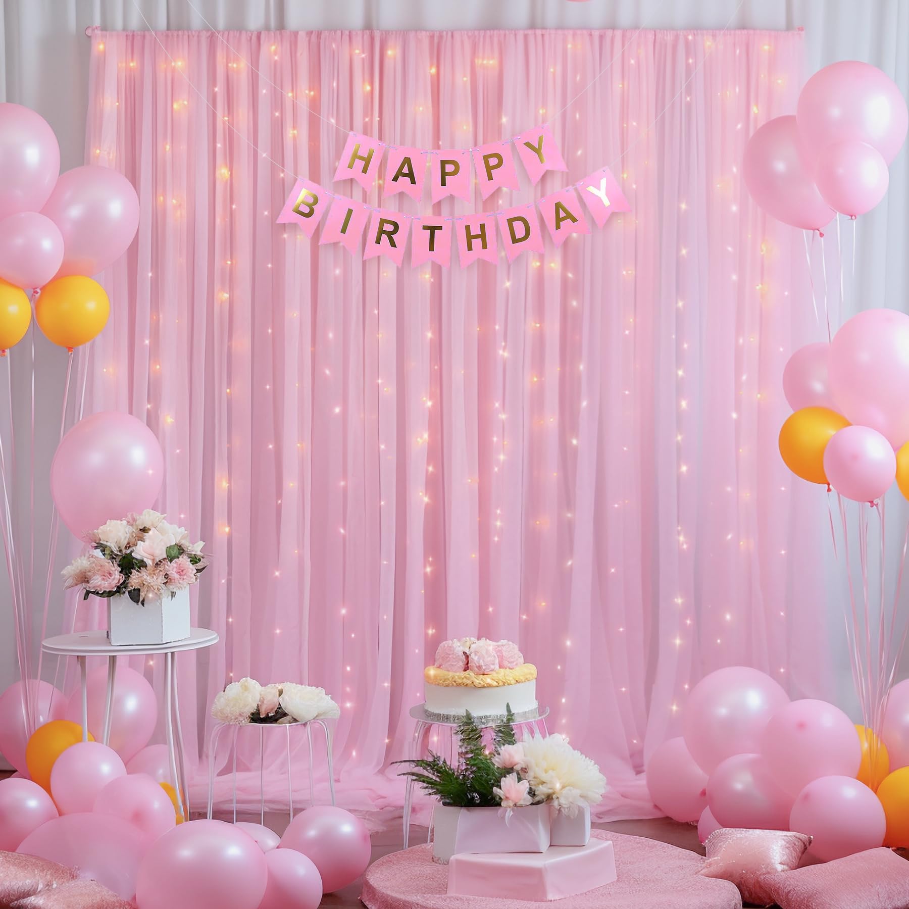 10X8Ft Baby Pink Tulle Backdrop Curtain With Lights String For Parites, Sheer Backdrop Curtains For Wedding Baby Shower Birthday