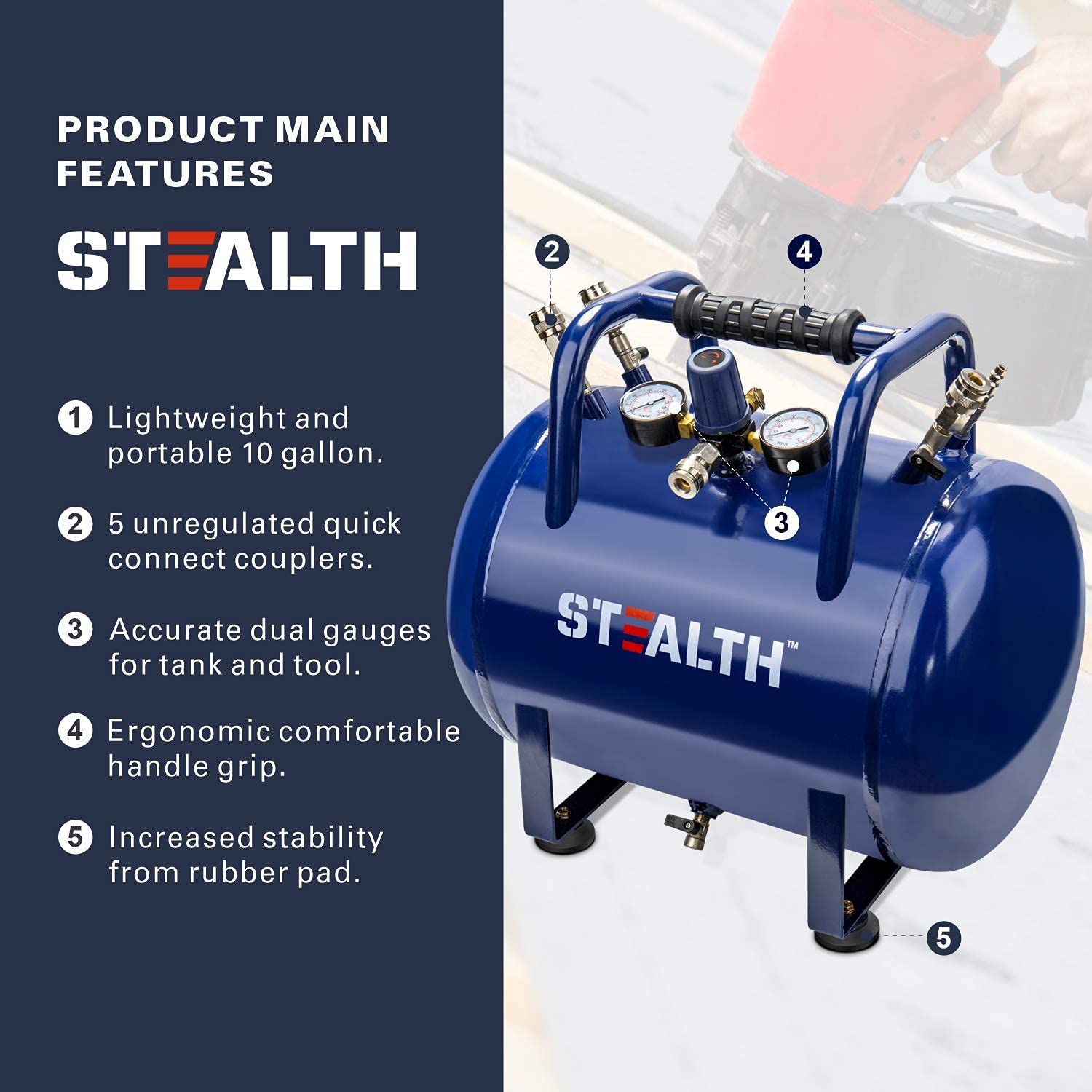 Stealth Air Tank, High Pressure 10 Gallon Air Tank With Maximum 225Psi Pressure, Rubber Reinforced Handle Design (Blue, Saa 110T