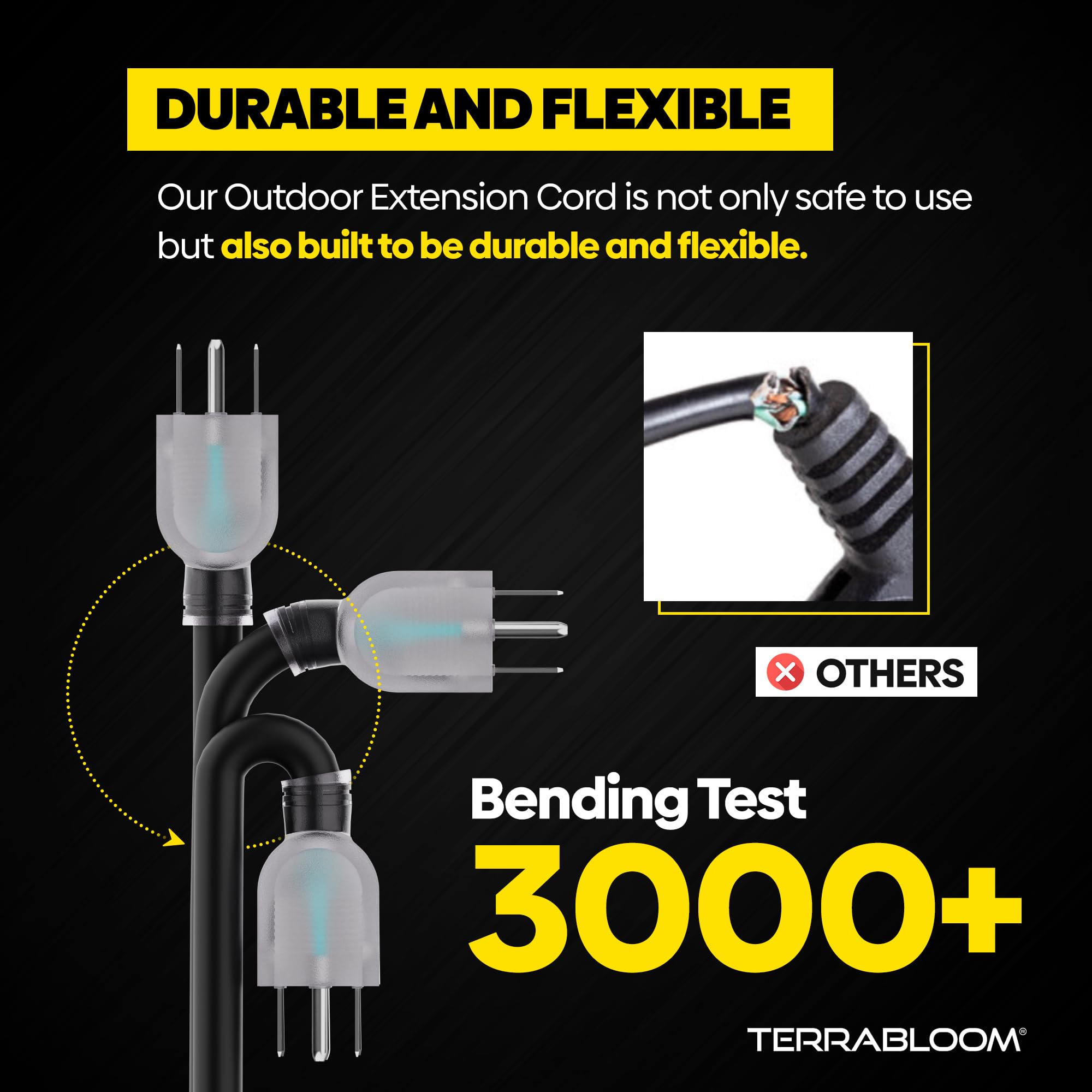 Terrabloom 12/3 Heavy Duty Extension Cord 50 Ft Outdoor   Black Outdoor Extension Cord Multiple Outlet   Ultra Flexible Sjeow Ru