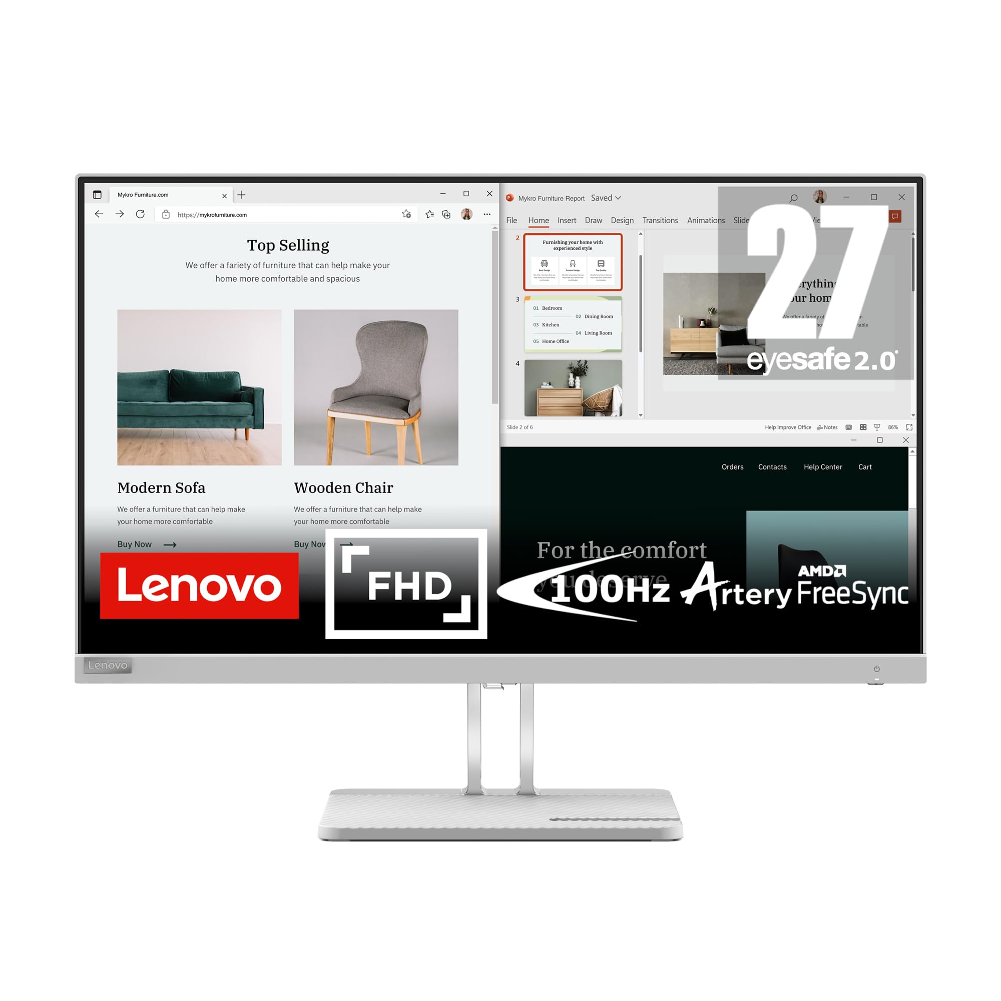 Lenovo L27e-40 Monitor, 27    Display, Full HD Resolution, 300 nits Brightness, 100Hz Refresh Rate, AMD FreeSync, HDMI 1.4 and V