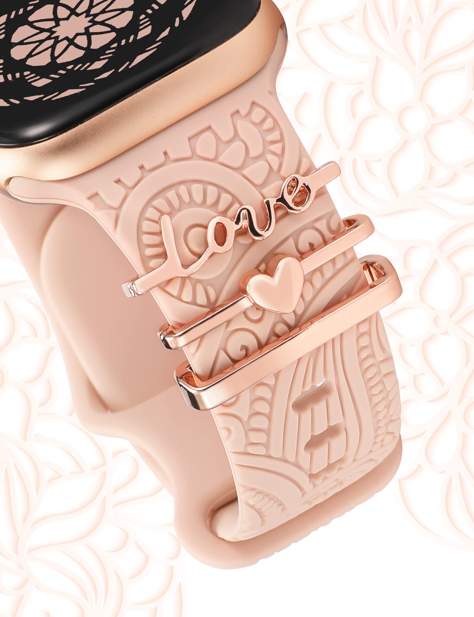 Toyouths (Include Band) Decorative Ring Loops Compatible With Apple Watch Band Charms 42Mm 44Mm 45Mm 49Mm Women, Boho Engraved F