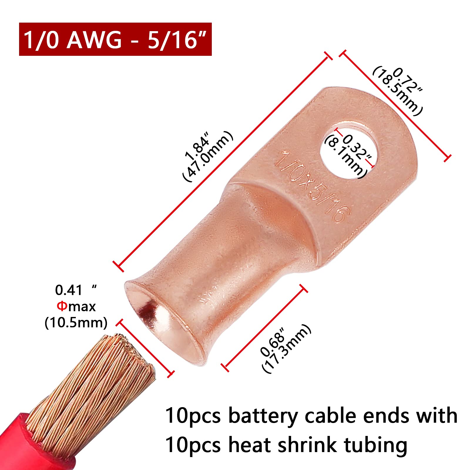 Tkdmr 10Pcs 1/0 Awg 5/16'' Battery Lugs,Copper Wire Lugs,Heavy Duty Battery Cable Ends,Tubular Ring Terminals,Awg Crimp Wire Rin