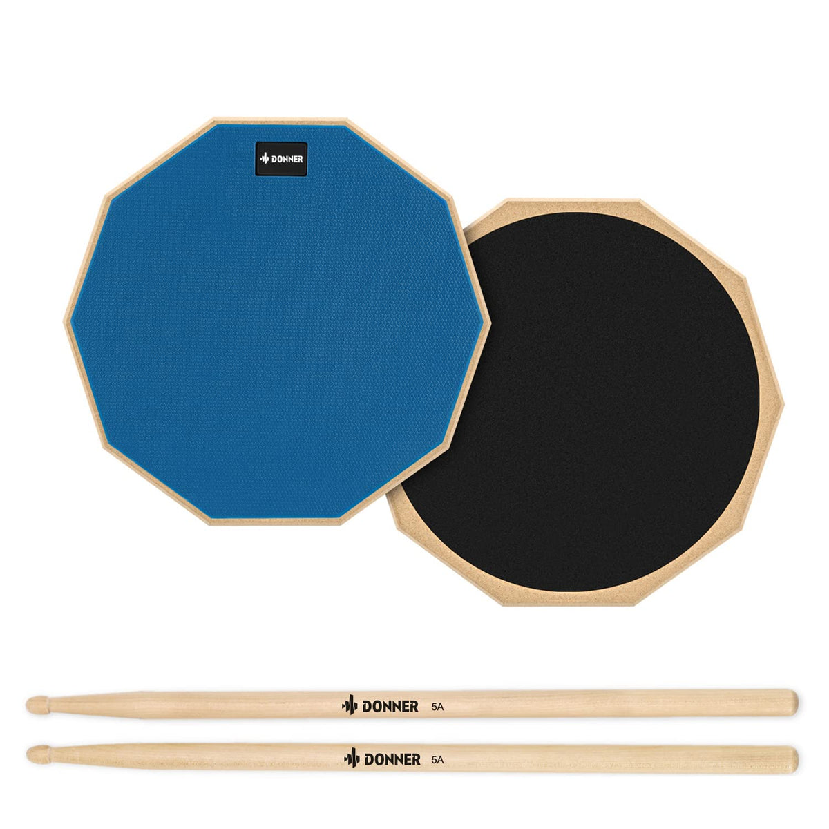 Donner 12 Inches Drum Practice Pad Silent Drum Pad Set Blue 2-Sided With Drum Sticks