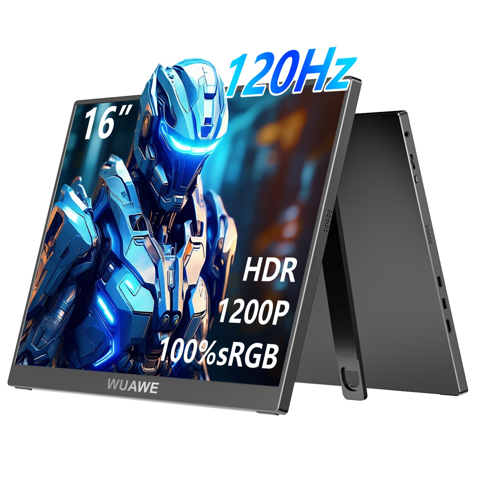WUAWE 16 1200P 120Hz Portable Monitor, 100% sRGB Portable Gaming Monitor with Built-in Stand,HDR and Freensync, External USB C M
