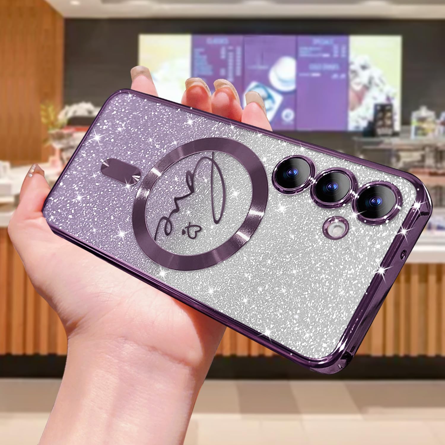 Zonrw For Samsung Galaxy S24 Plus Case Magnetic,For Women Girl Soft Cute Luxury Love Heart Plating Bling Glitter Gradient Clear