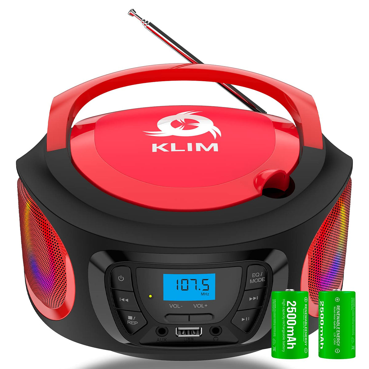 Klim Boombox Portable Audio System   New 2024   Fm Radio Cd Player Bluetooth Mp3 Usb Aux   Includes Rechargeable Batteries   Wir