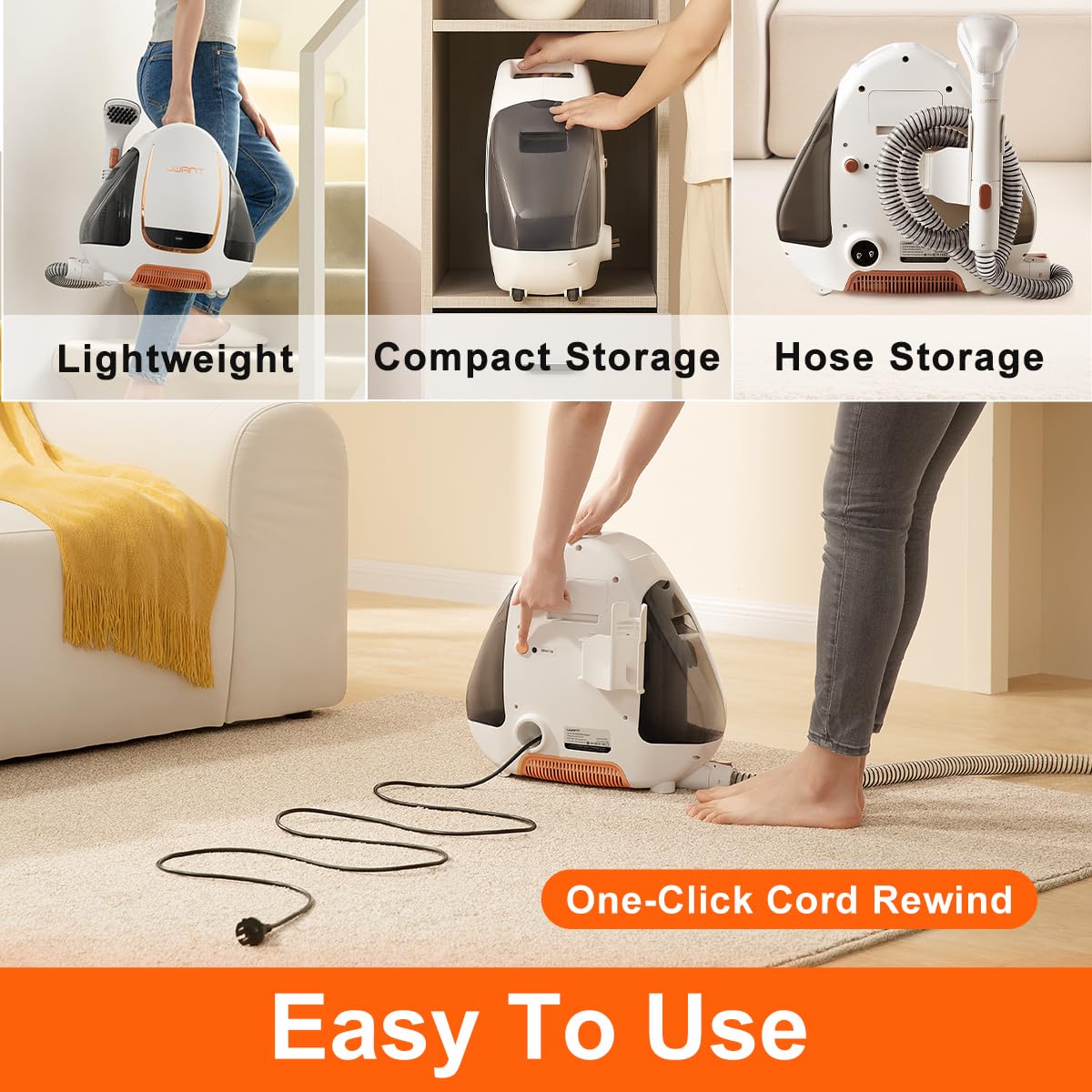 Uwant Portable Carpet & Upholstery Cleaner Machine, 12Kpa Strong Suction Small Handheld Cleaner, Lightweight Shampooer For Car,