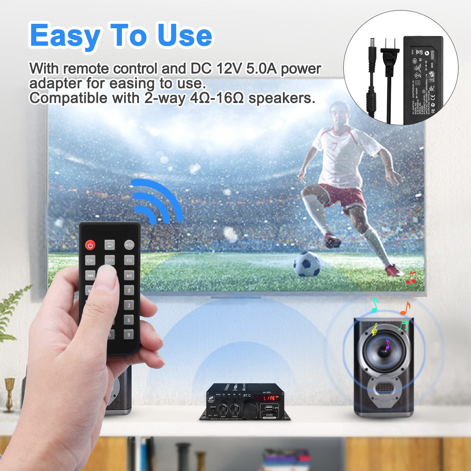 Ak 380 Usb Sd Bt.C Fm Aux Audio Power Amplifier 400W+400W 2.0 Ch Hifi Stereo Amp Speaker Bluetooth 5.0 Amp Receiver With 12V 5A