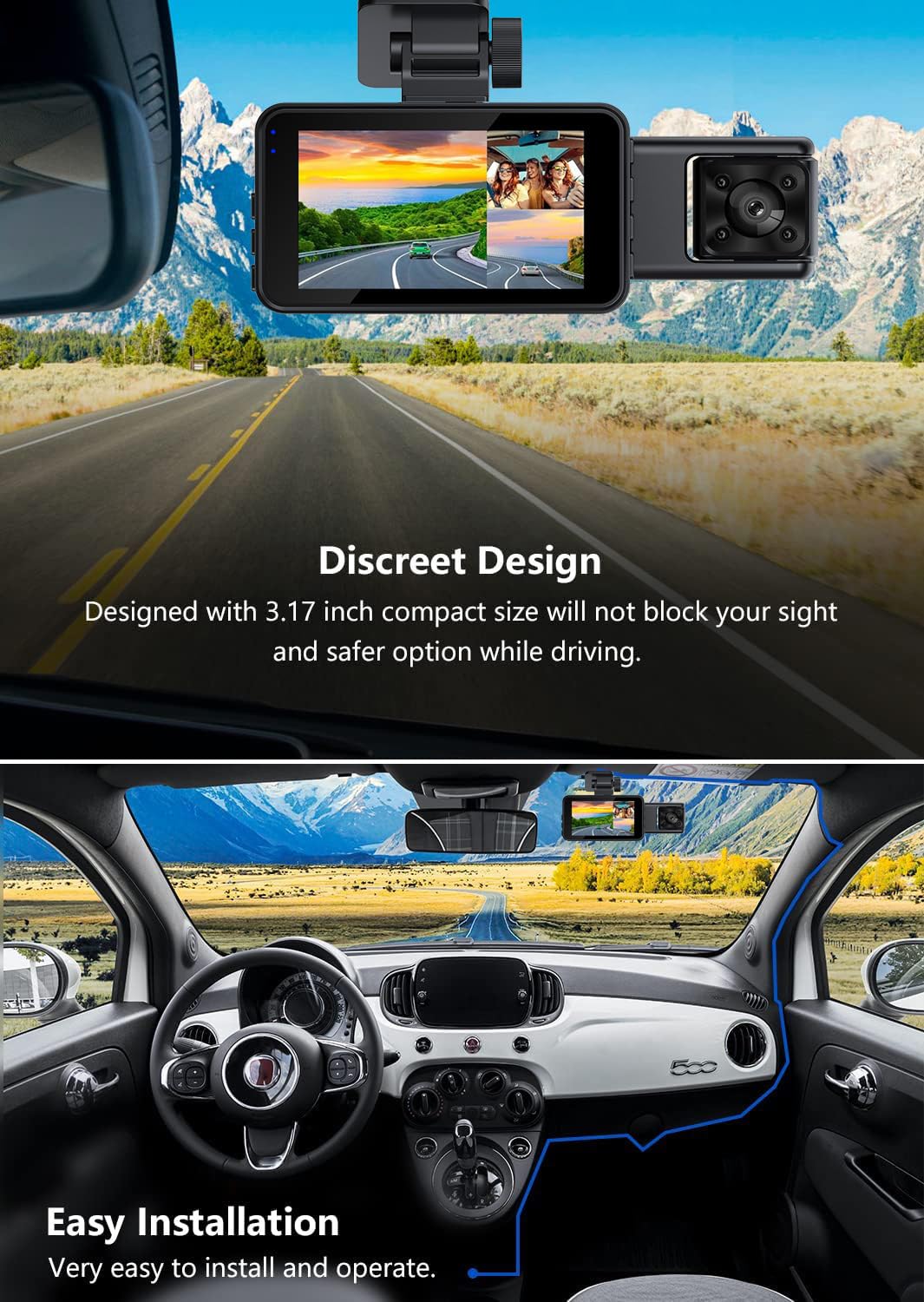 Dash Camera For Cars, 3 Channel 4K Dash Cam Front And Rear Inside,1080P Full Hd 170 Deg Wide Angle Dashboard Camera With 64Gb Ca