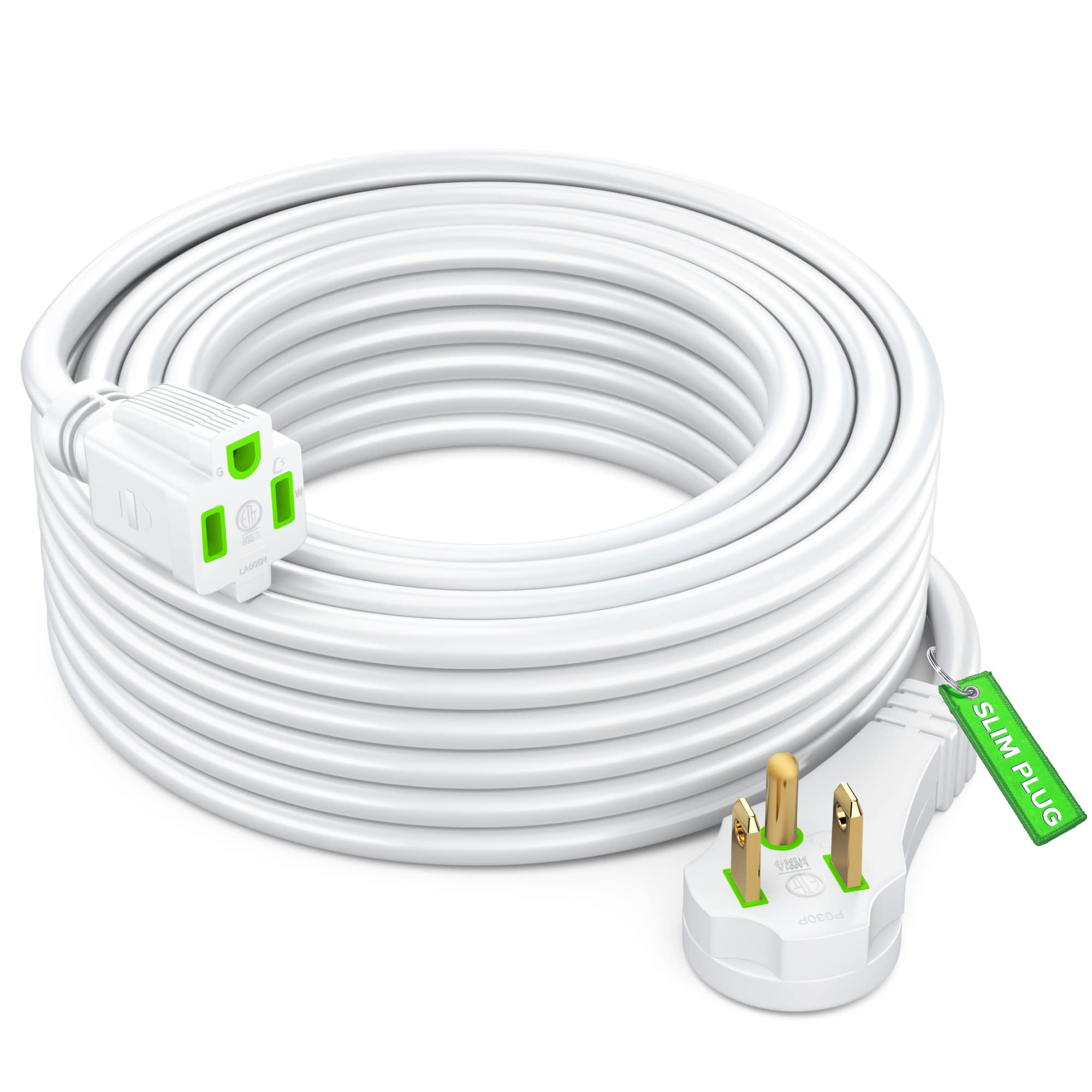 Maximm Flat Plug Extension Cord 30 Ft With Slim Space Saving Plug Design, Low Profile Extension Cord 14Awg (White)