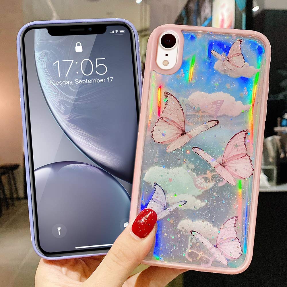 LCHULLE iPhone Xr Case Iridescent Butterfly Laser Bling Glitter Soft TPU Pink